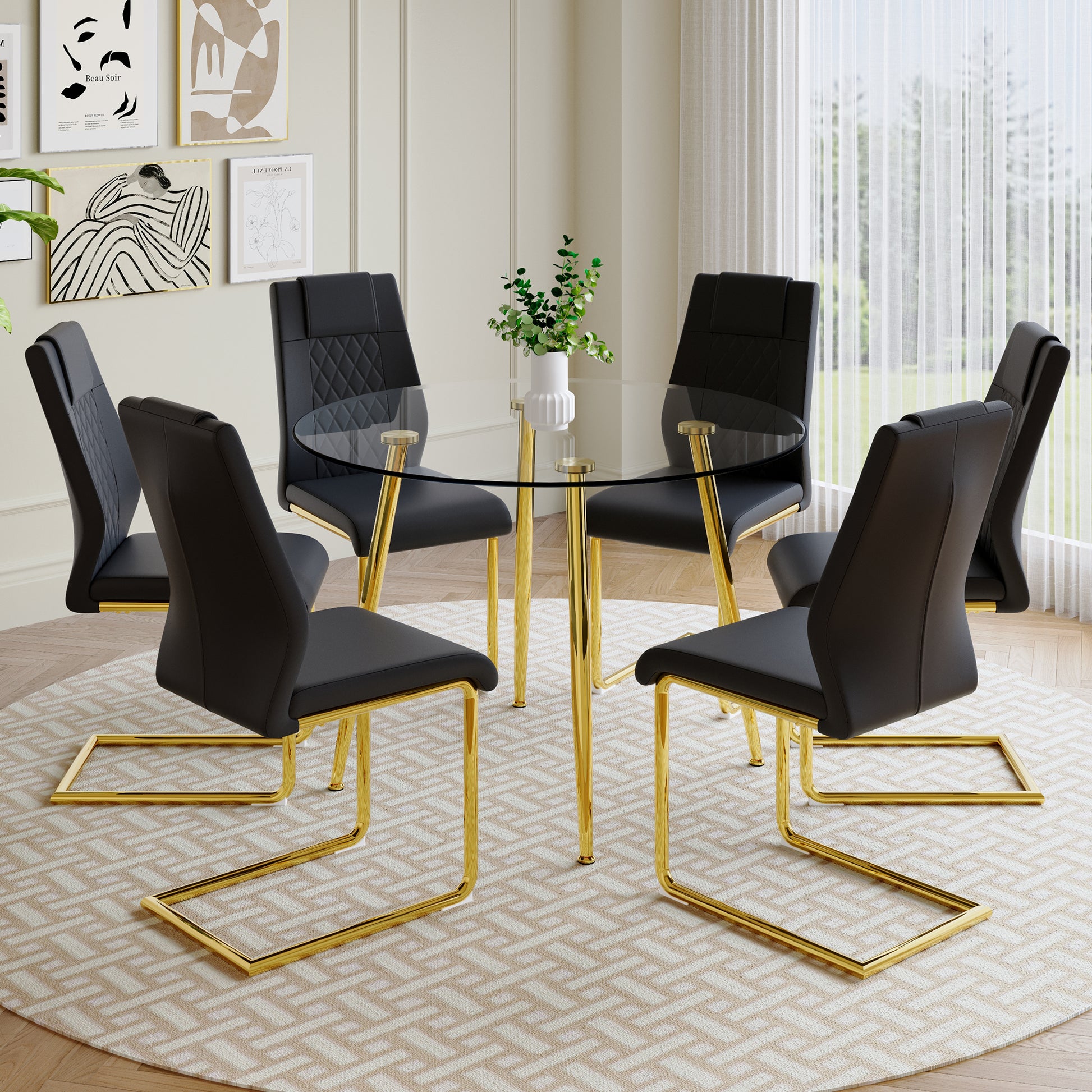 A Modern Minimalist Style Round Transparent Tempered Glass Table With Gold Metal Legs, Paired With 6 Modern Pu Leather High Back Dining Chairs ,Bring A Luxurious Experience. Black Seats 6 Glass Metal