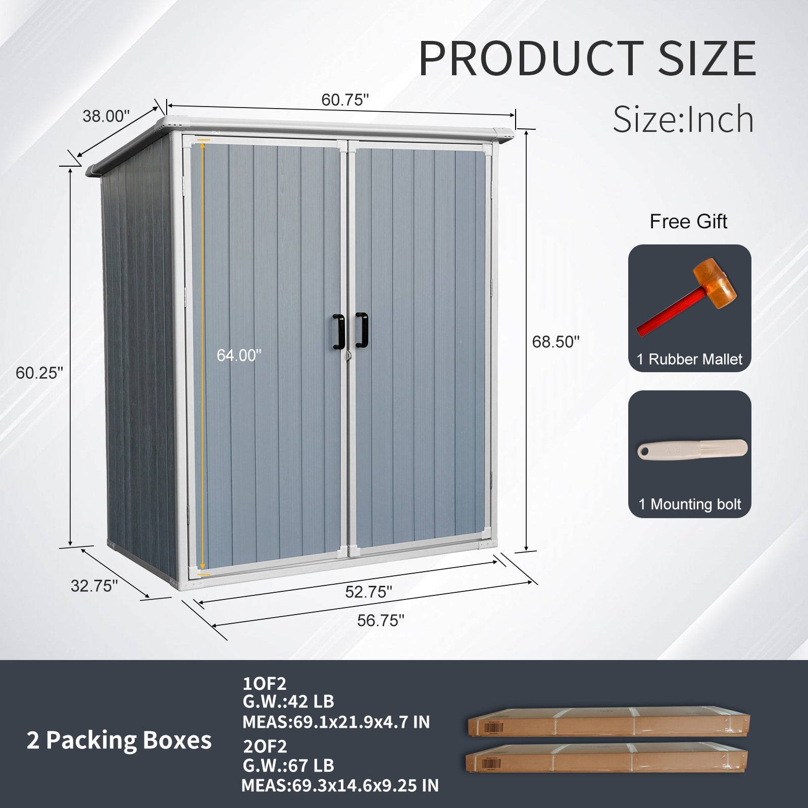 5X3Ft Outdoor Storage Shed Waterproof Resin Cabinet With Lockable Doors For Bikes And Patio Furniture Gray Plastic