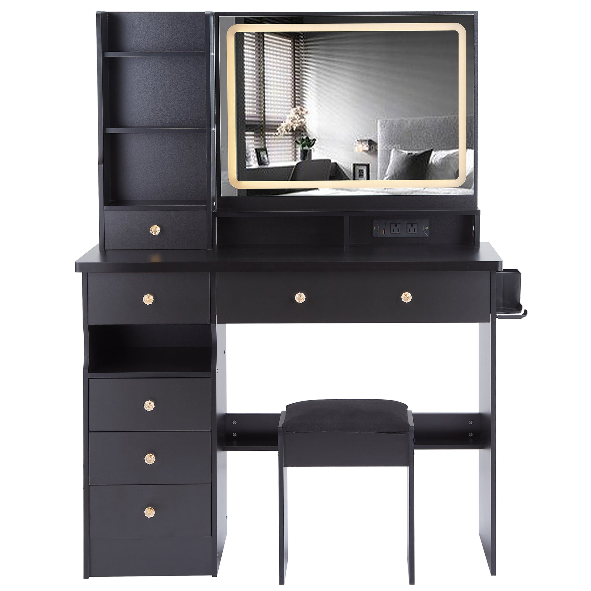41" Large Size Left Drawer Desktop Vanity Table Cushioned Stool Dresser Set, 2 Ac 2 Usb Power Station, Hair Dryer Stand, Extra Large Touch Control Led Mirror, 3 Color Switch, Epa, Gcc, Ul