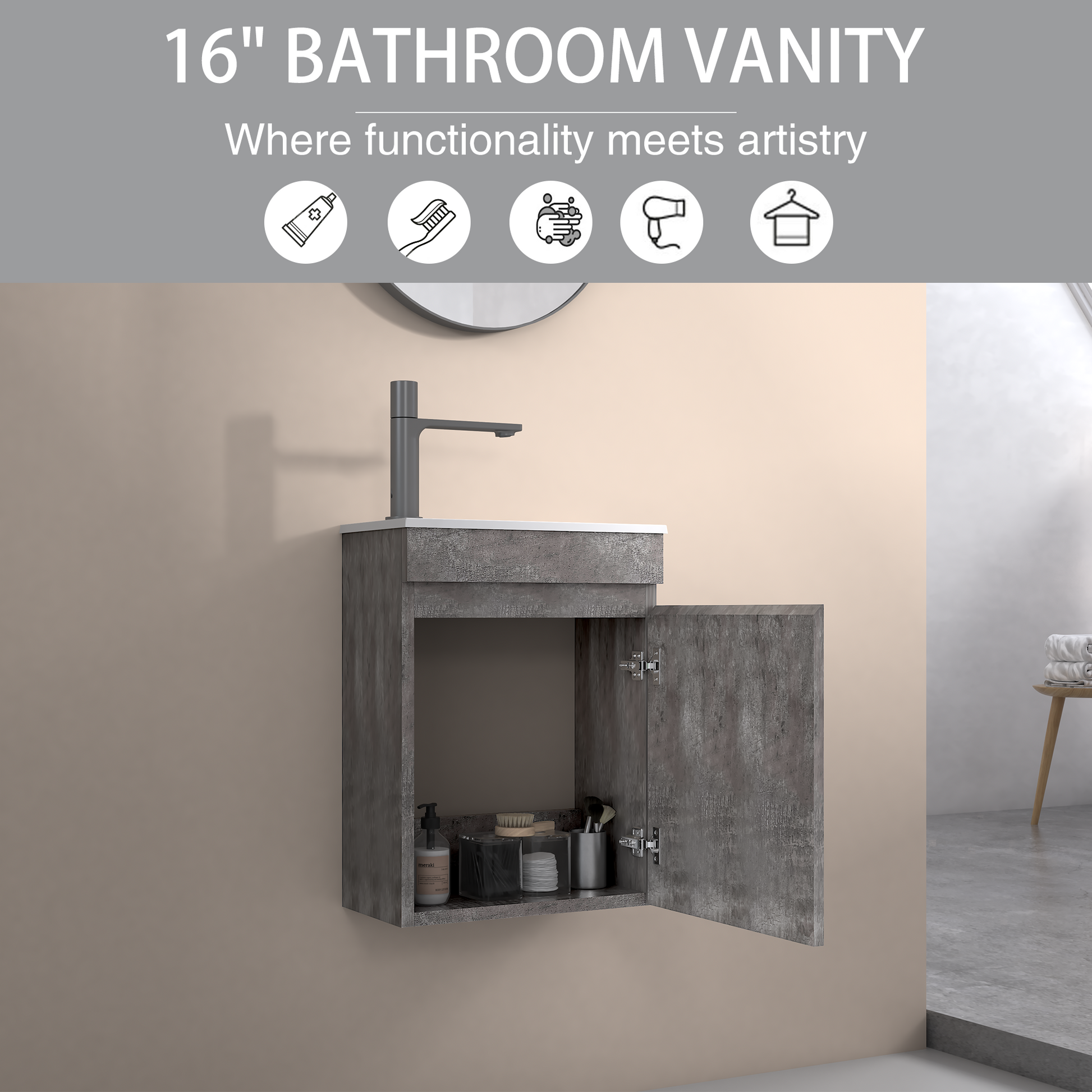 16" Floating Bathroom Vanity With Sink, Wall Mounted Small Bathroom Storage Vanity Cabinet With Resin Top Basin And Soft Close Doors, Dark Birch 24V11 16Db Grey Bathroom Plywood
