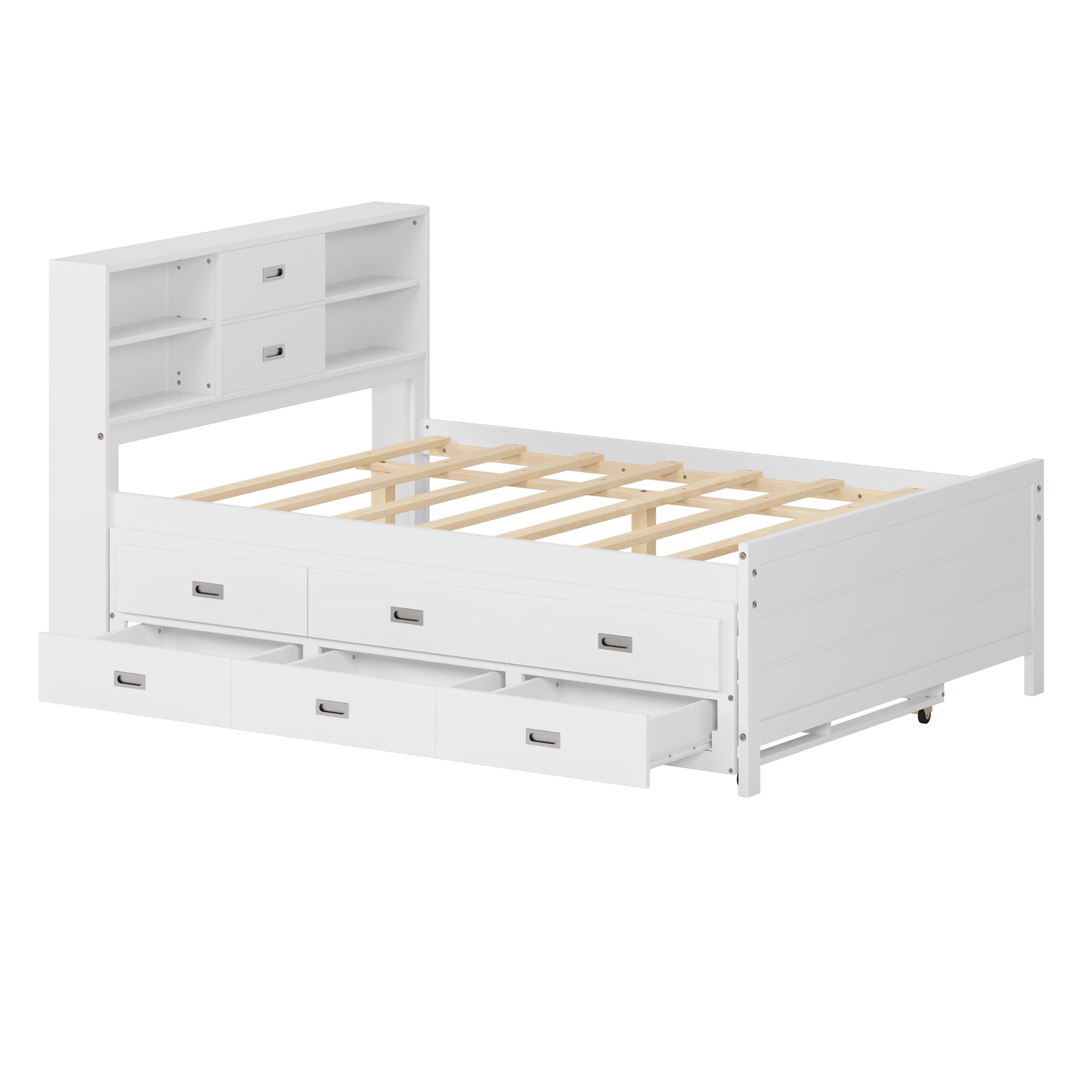 Full Size Captain Bed With Storage Bookcase Headboard,Captain Bed With Trundle And Three Storage Drawers For Kids Teens Dorm Bedroom Multipurpose Guest Room Or Home, White Box Spring Not Required Full White Wood Solid Wood Mdf