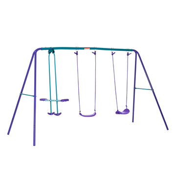 Outsunny Metal Swing Set With Glider, Two Swing Seats And Adjustable Height, Outdoor Heavy Duty A Frame Suitable For Playground, Backyard, Purple Purple Metal