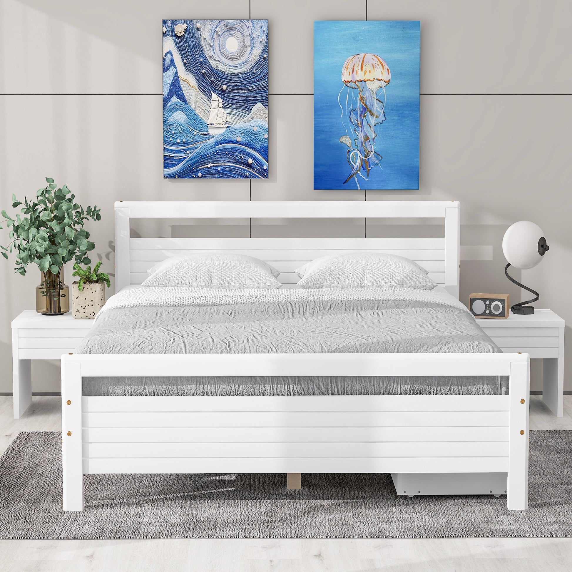 Queen Size Wooden Platform Bed With 2 Storage Drawers And 2 Bedside Tables, White Queen White Pine