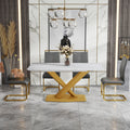 Table And Chair Set, The Table Is Equipped With A Marble Patterned Mdf Tabletop And Gold Table Legs.The Chair Is Equipped With Pu Synthetic Leather High Back Cushion And Gold Coated Metal Legs. Grey Gold Seats 4 Mdf Metal