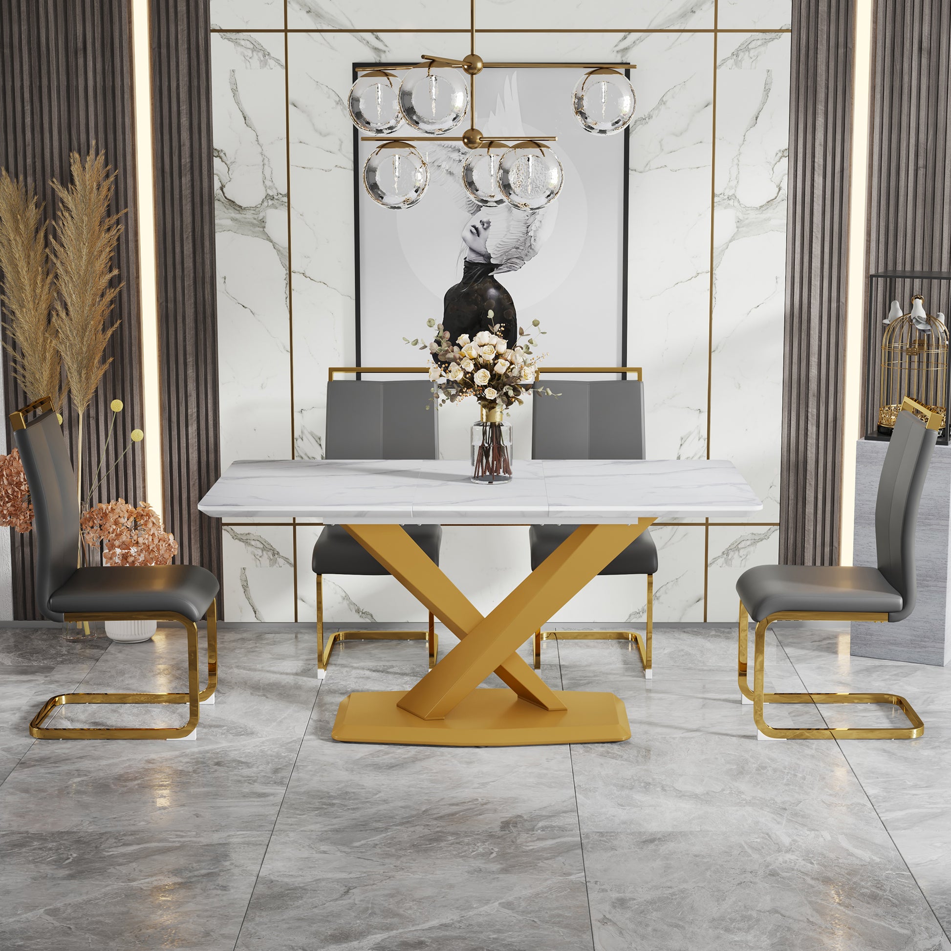Table And Chair Set, The Table Is Equipped With A Marble Patterned Mdf Tabletop And Gold Table Legs.The Chair Is Equipped With Pu Synthetic Leather High Back Cushion And Gold Coated Metal Legs. Grey Gold Seats 4 Mdf Metal