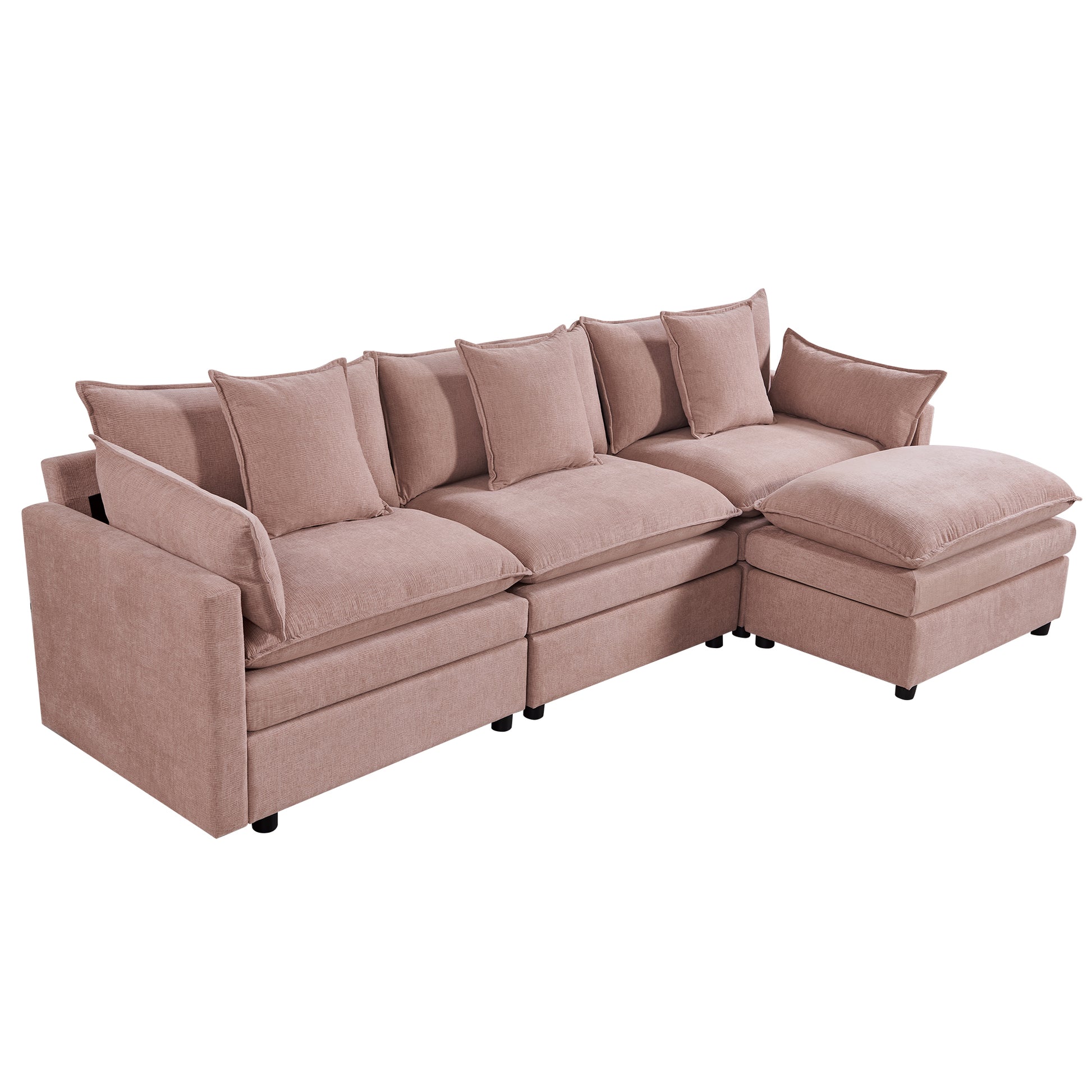 108.66"Modern Chenille L Shaped Sectional Sofa With Convertible Chaise, Comfy Cloud Couch Deep Sectional Sofa With Ottomans For Living Room Pink Wood Foam Chenille 3 Seat