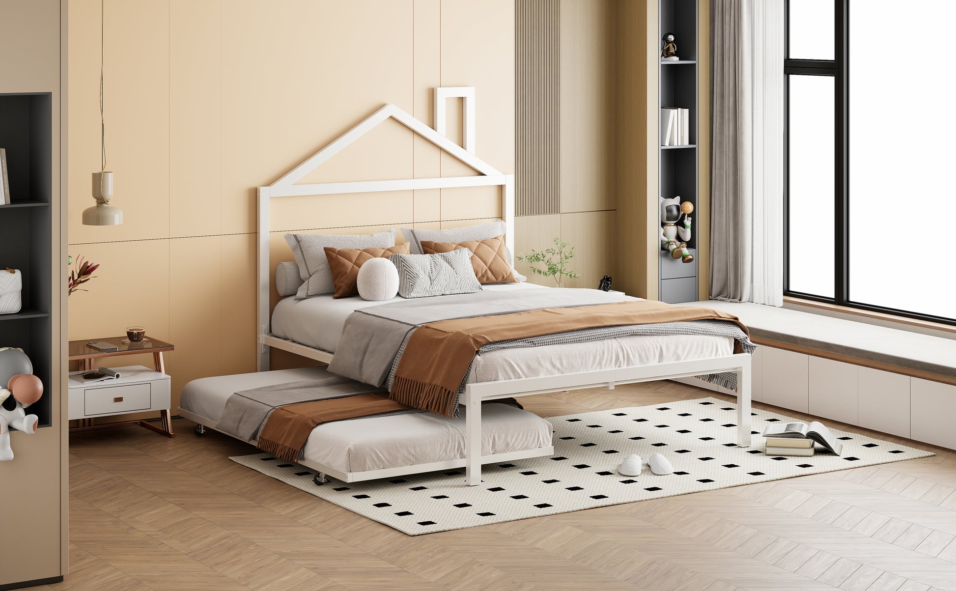 Full Size Metal Platform Bed With Twin Size Trundle,House Shaped Headboard Design, White Full White Metal