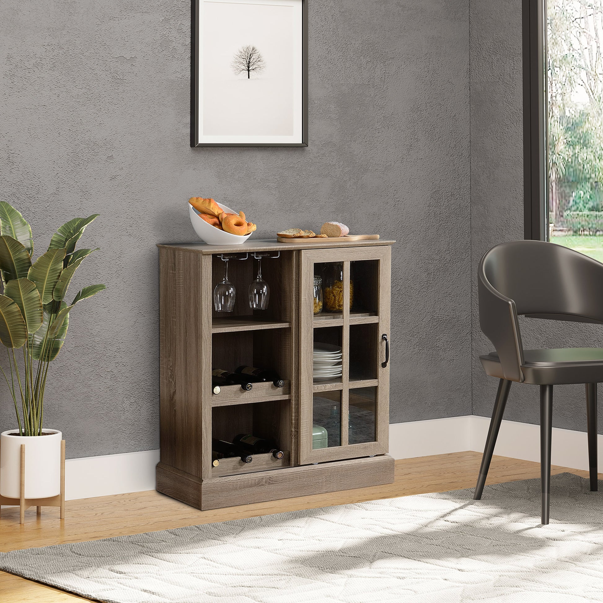 Homcom Wine Bar Cabinet, Small Sideboard Buffet Cabinet, Kitchen Storage Cabinet With 6 Bottle Wine Rack And Stemware Racks, Sliding Galss Door, Shelves Brown Mdf