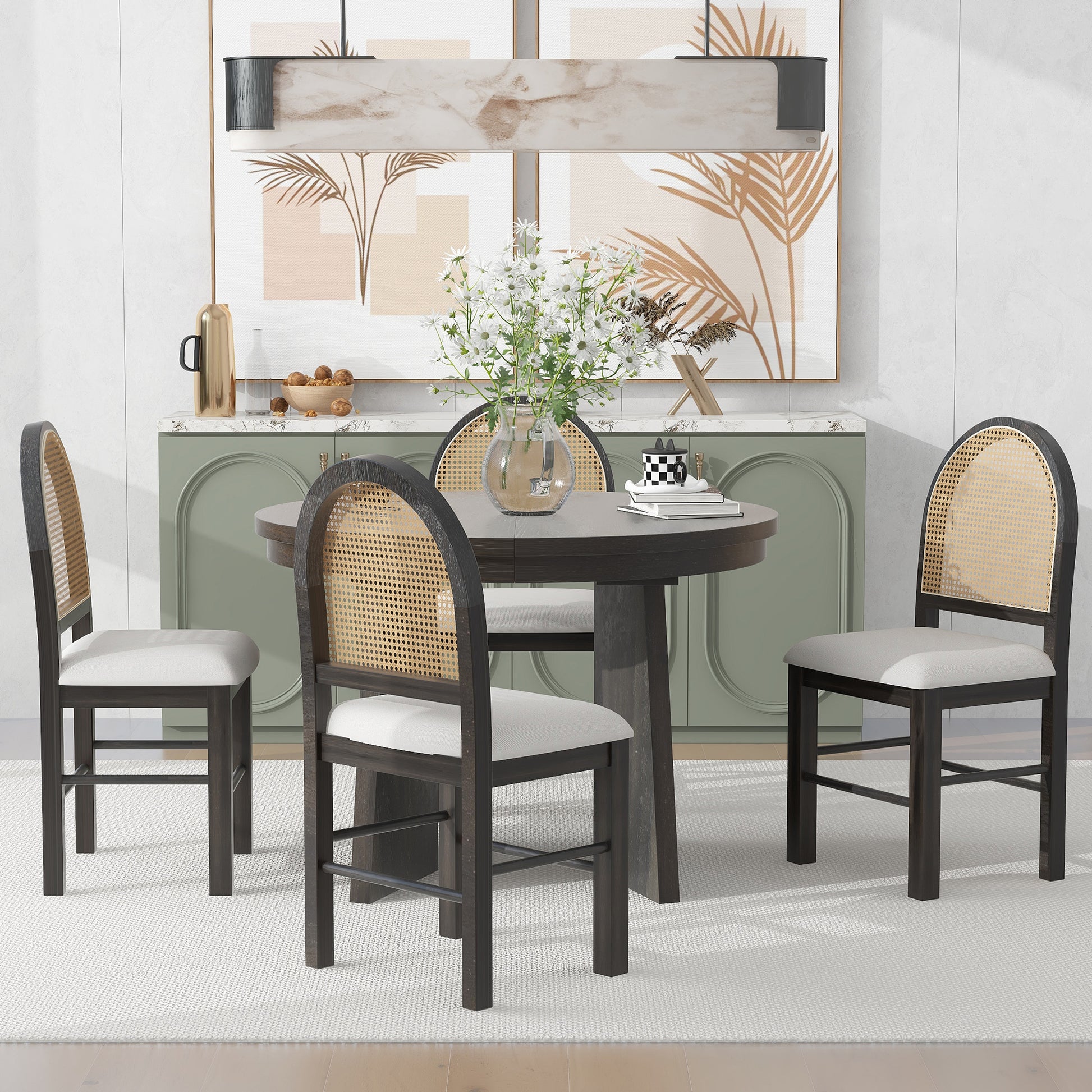 5 Piece Retro Functional Dining Set With 1 Extendable Dining Table And 4 Upholstered Chairs With Rattan Backrests For Dining Room And Kitchen Espresso Espresso Solid Wood Mdf