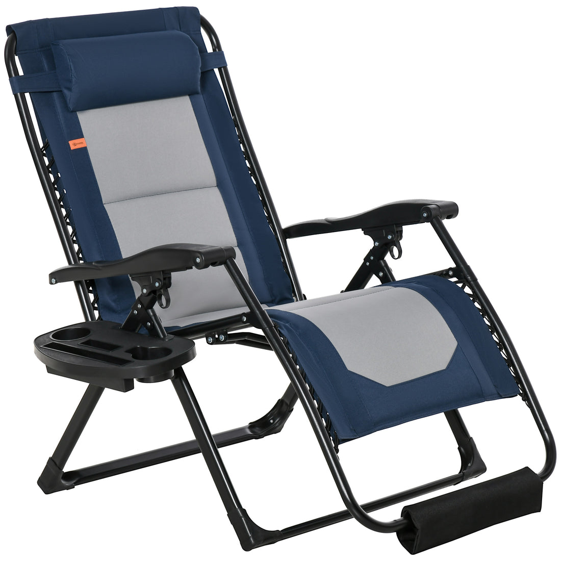 Outsunny Foldable Outdoor Lounge Chair With Footrest, Oversized Padded Zero Gravity Lounge Chair With Headrest, Side Tray, Cup Holders, Armrests For Camping, Lawn, Garden, Blue Blue Steel