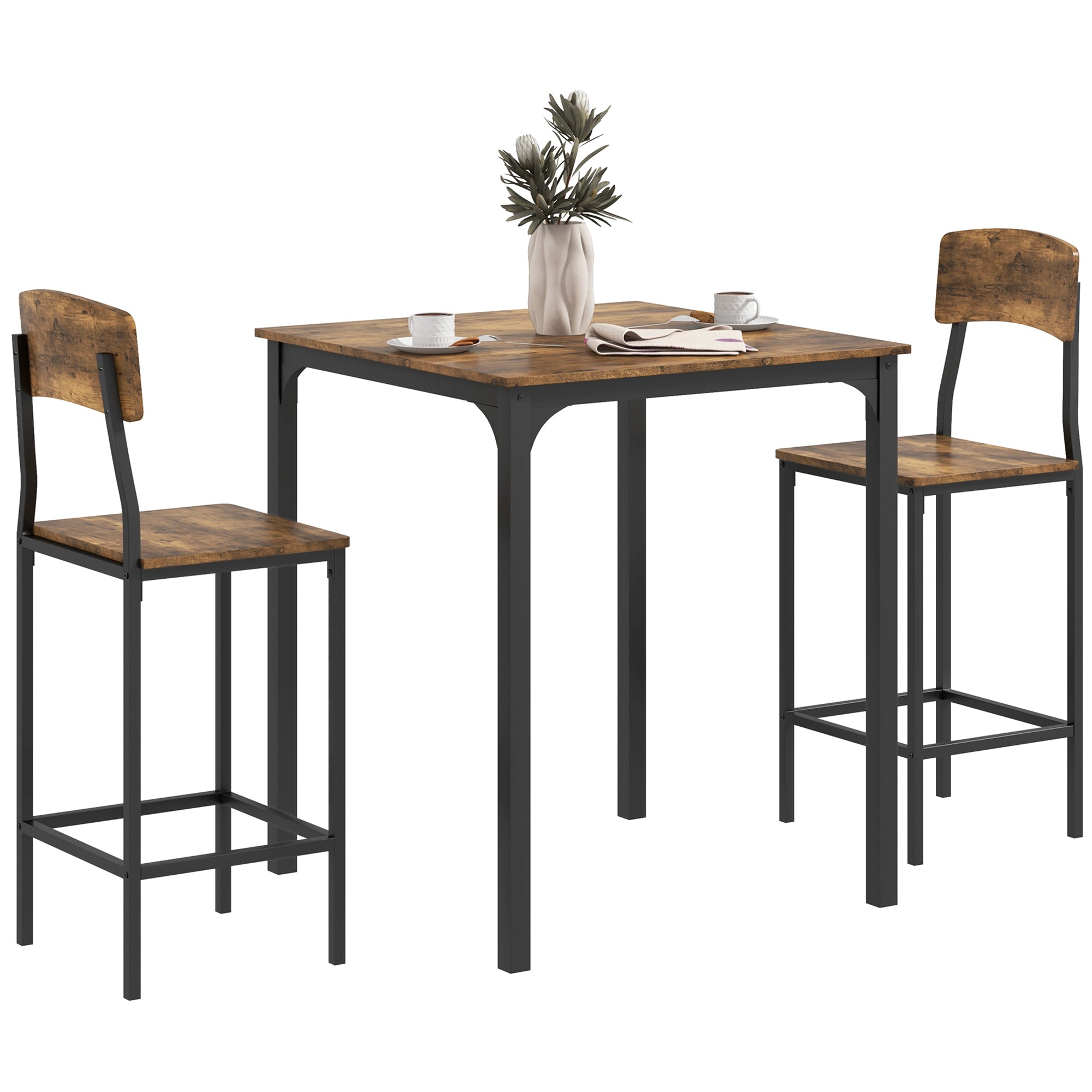Homcom 3 Piece Counter Height Bar Table And Chairs Set, Industrial Small Dining Table Set For 2, Square Kitchen Table And Stools With Steel Frame, Rustic Brown And Black Brown Black Steel