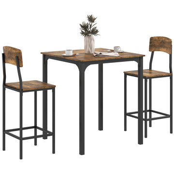 Homcom 3 Piece Counter Height Bar Table And Chairs Set, Industrial Small Dining Table Set For 2, Square Kitchen Table And Stools With Steel Frame, Rustic Brown And Black Brown Black Steel