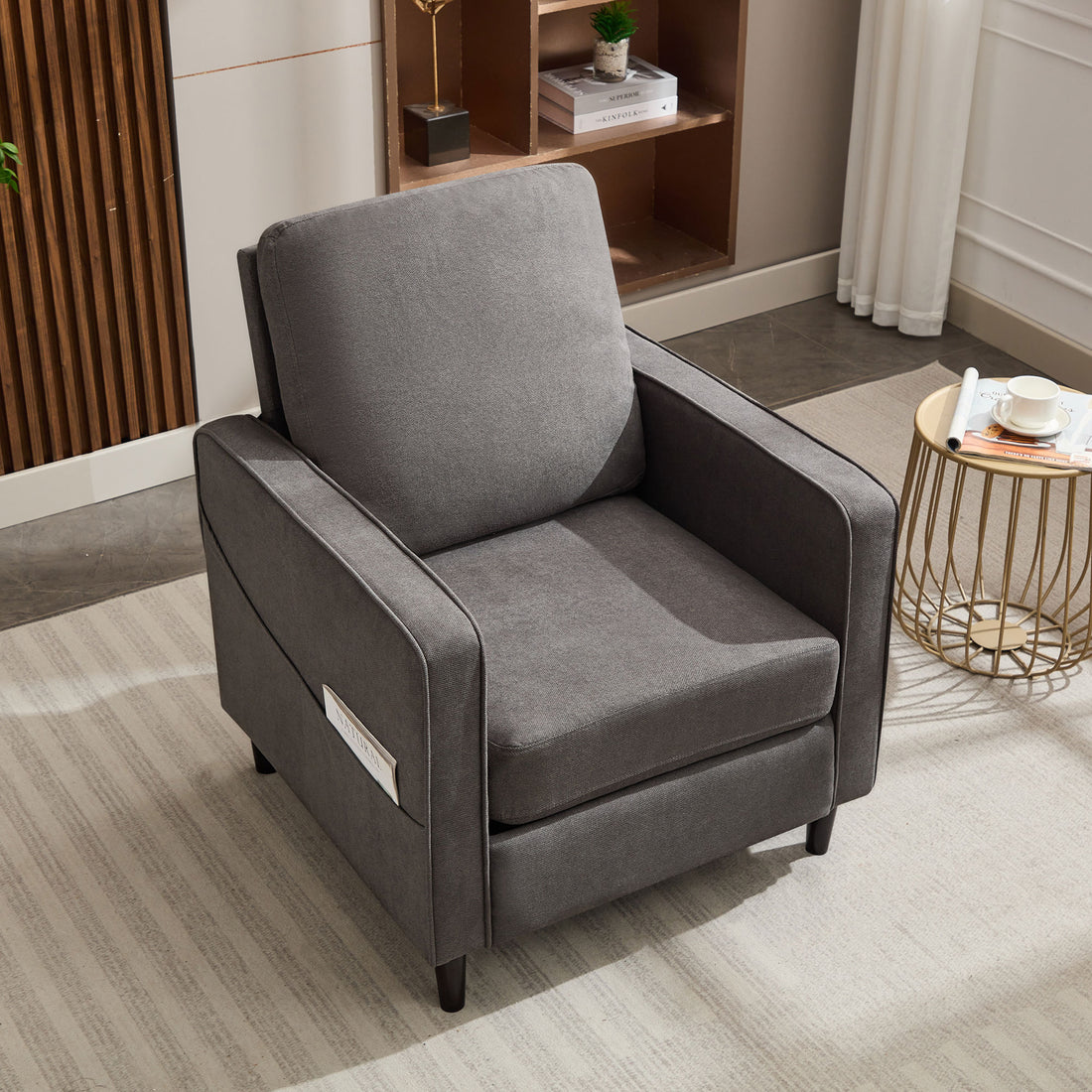 Mid Century Accent Chair ,Modern Linen Fabric Armchair For Living Room,Double Side Pockets, Comfortable And Padded Reading Feature Sofa Chair, Suitable For Bedrooms, Living Rooms, And Offices Dark Grey Linen