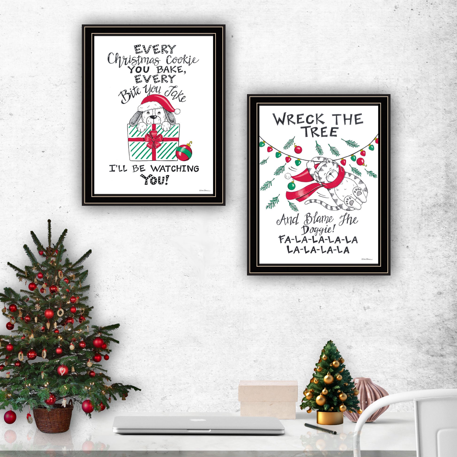 2 Piece Vignette Cat & Dog Christmas Enjoyment Black Framed Wall Art For Living Room, Bedroom Wall Art Print For Home Decor By Deb Strain Multi Wood Paper