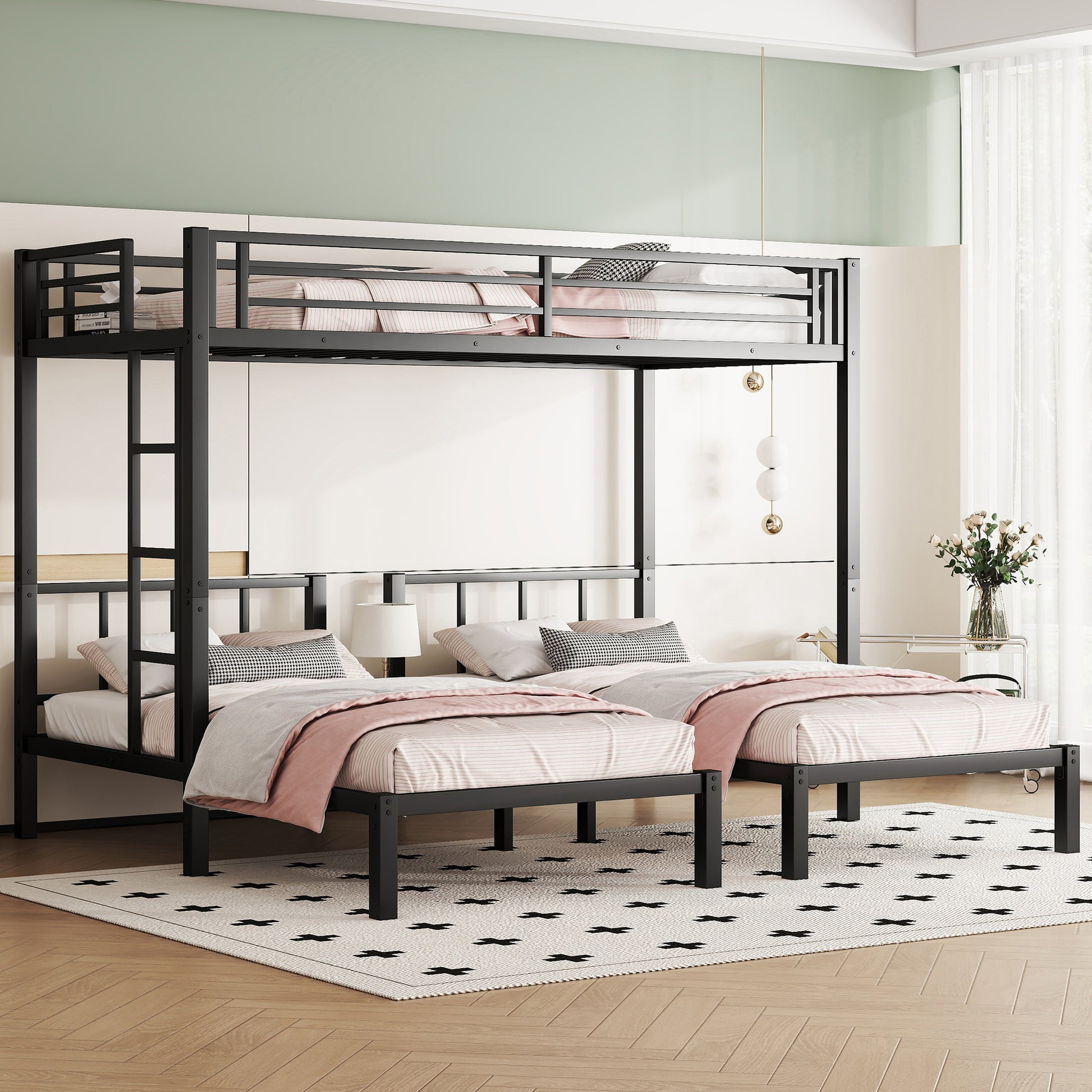Twin Over Twin & Twin Bunk Beds For 3, Twin Xl Over Twin & Twin Bunk Bed Metal Triple Bunk Bed, Black Black Metal