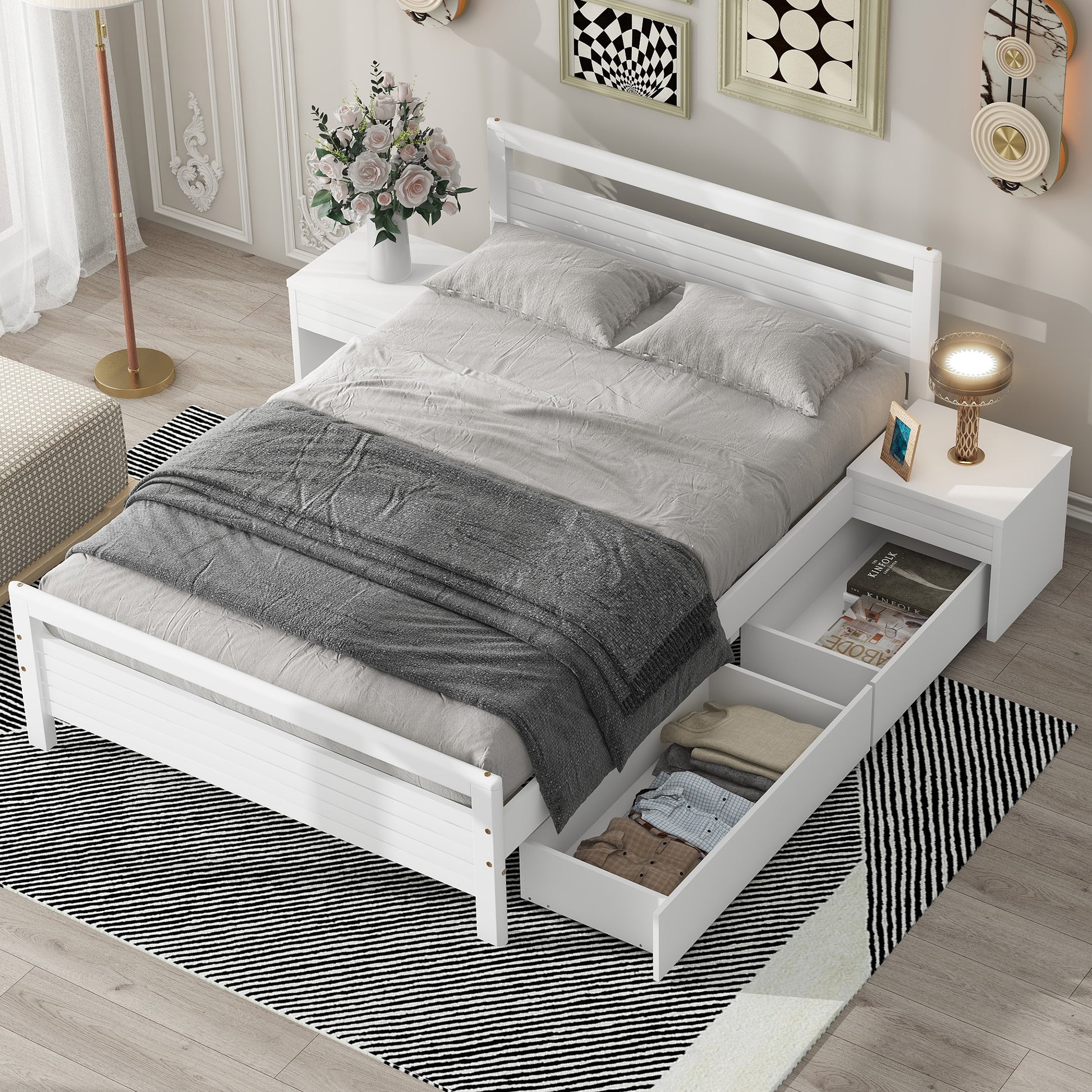 Full Size Wooden Platform Bed With 2 Storage Drawers And 2 Bedside Tables, White Full White Pine