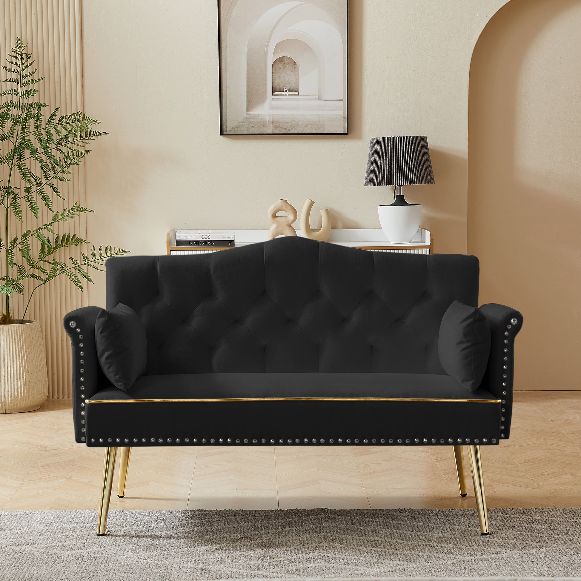 Black 2 Seater Sofa Black Wood Tufted Back Velvet 2 Seat