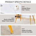 Modern Minimalist Dining Table. White Imitation Marble Patterned Stone Burning Tabletop With Golden Metal Legs. 50 