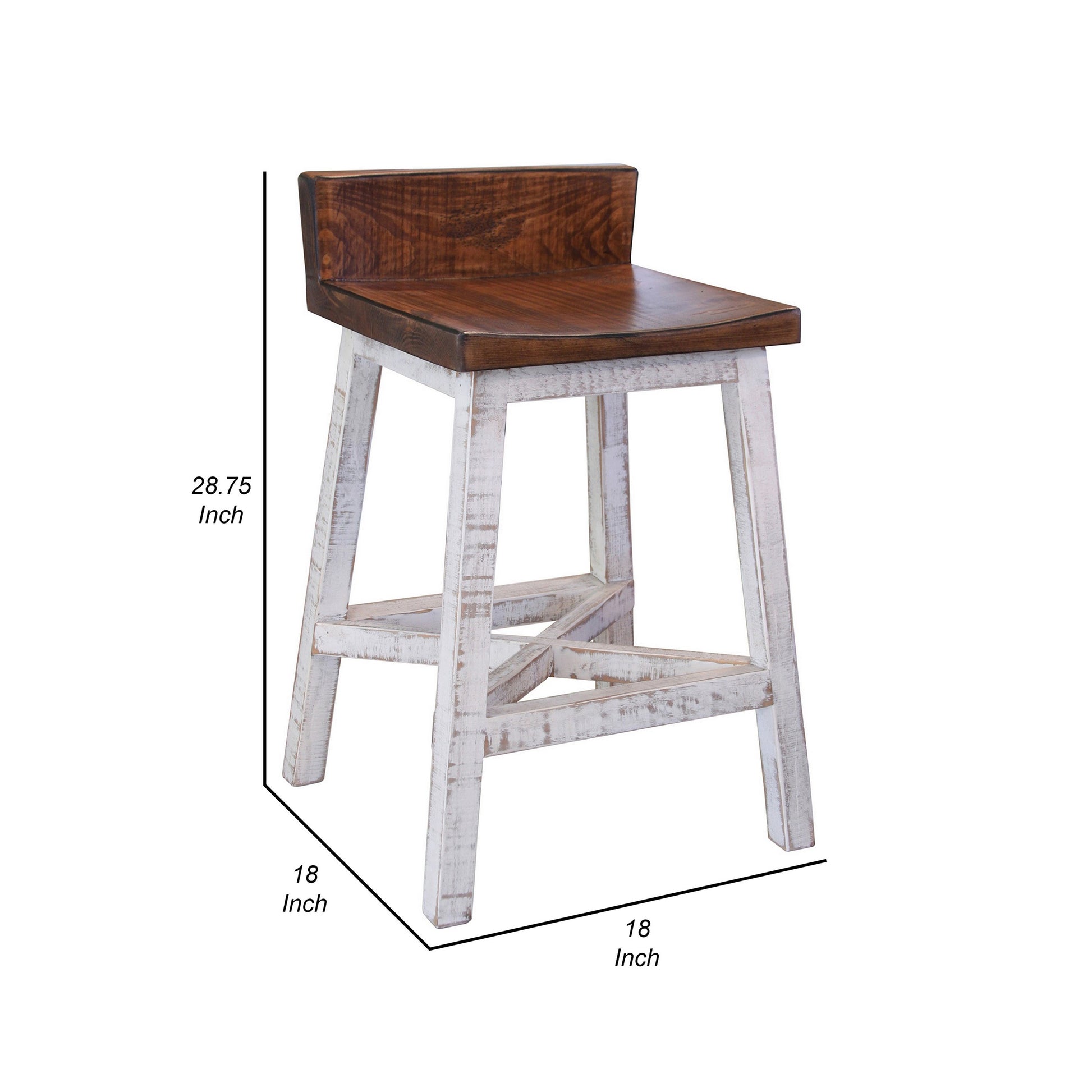 Ata 24 Inch Counter Height Stool, Lacquer Finish, Pine Wood, Brown, White Brown White Solid Wood