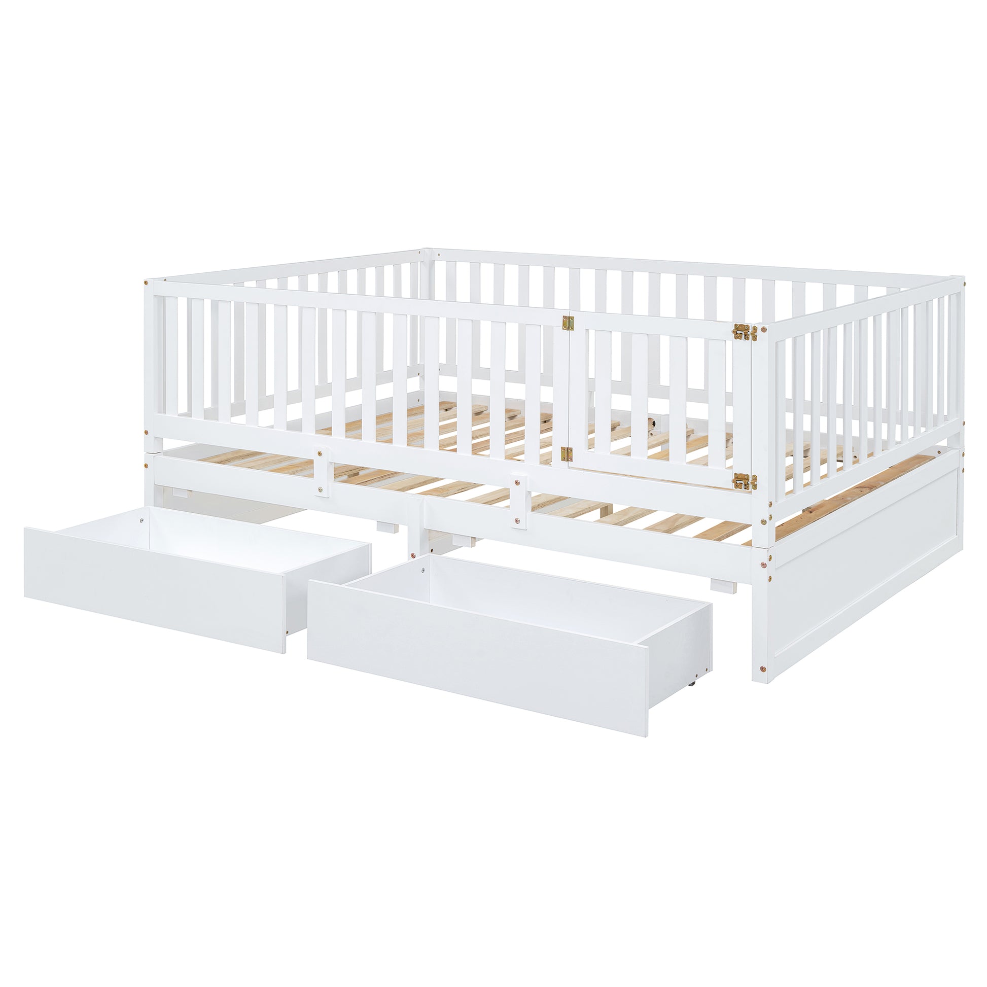 Full Size Wood Daybed With Fence Guardrails And 2 Drawers, Split Into Independent Floor Bed & Daybed, White Old Sku :Lp000882Aak Full White Solid Wood Mdf