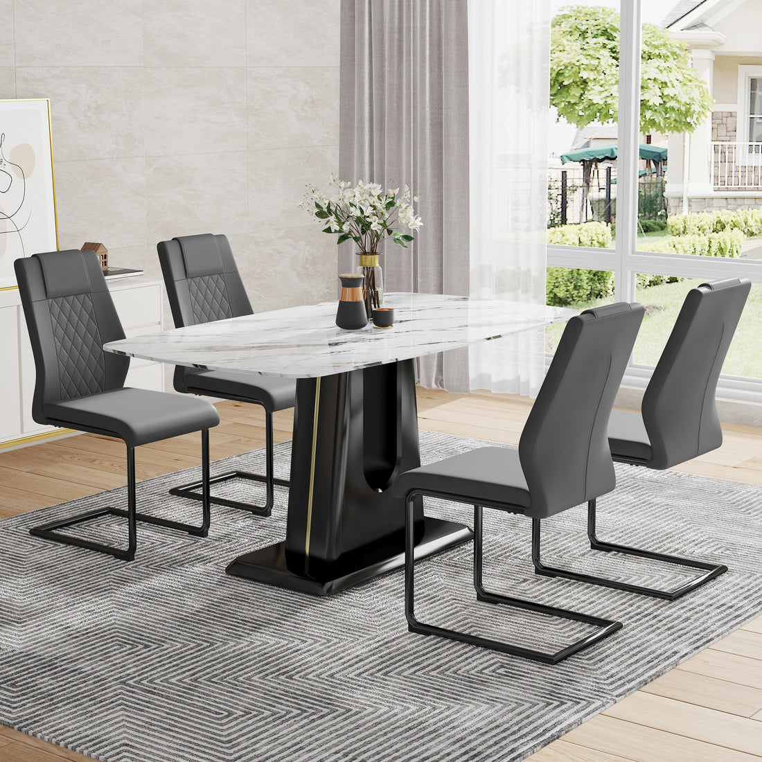 Table And Chair Set, Modern And Minimalist Dining Table, Imitation Marble Patterned Tabletop, Mdf Legs With U Shaped Brackets. Paired With Comfortable Chairs, Suitable For Dining And Living Rooms. Black Mdf Glass