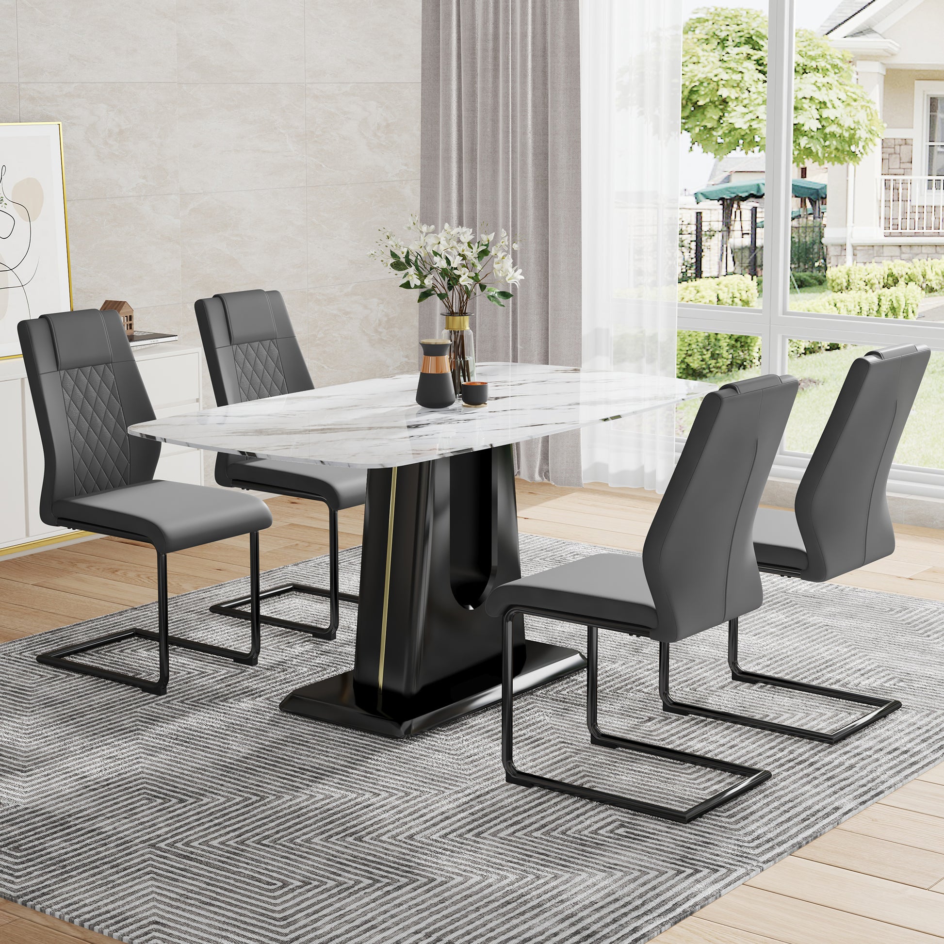 Table And Chair Set, Modern And Minimalist Dining Table, Imitation Marble Patterned Tabletop, Mdf Legs With U Shaped Brackets. Paired With Comfortable Chairs, Suitable For Dining And Living Rooms. Black Mdf Glass