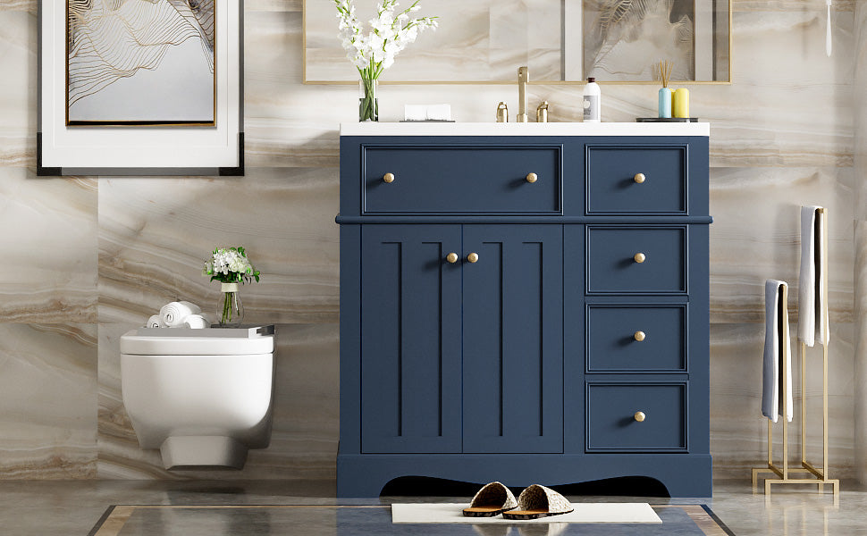 36'' Bathroom Vanity With Resin Sink Combo, Solid Wood Frame Bathroom Storage Cabinet, Freestanding Vanity Set With 3 Drawers& Adjustable Shelf Blue Bathroom Modern Solid Wood Mdf Resin