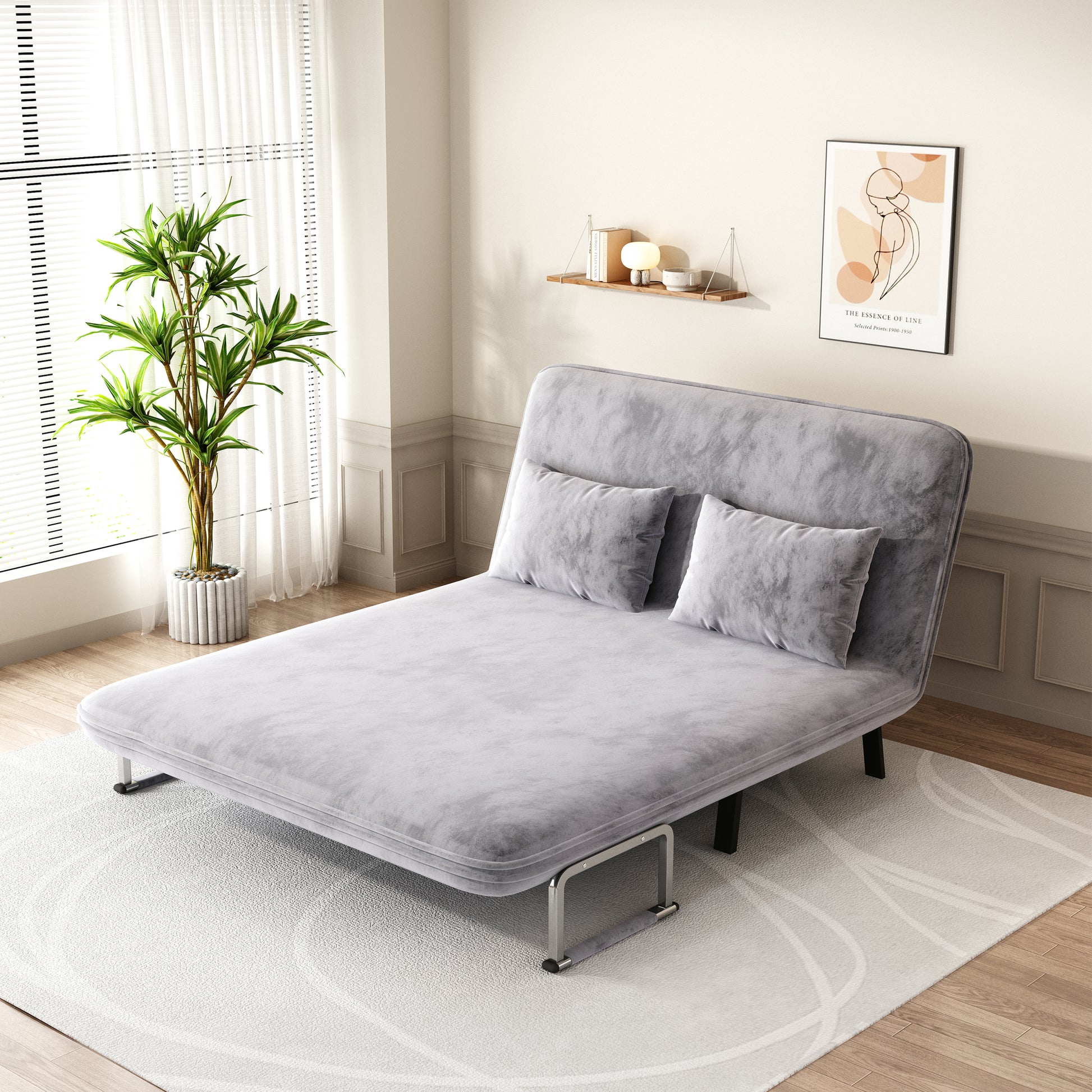 Velvet Light Gray 55 Convertible Chair Bed, Tri Fold Sofa Bed With Adjustable Backrest & Pillow, Leisure Chaise Lounge Couch With Sturdy Steel Frame For Home & Office, Comfortable Sleeper Chair Light Gray Velvet Metal Primary Living Space Medium Firm