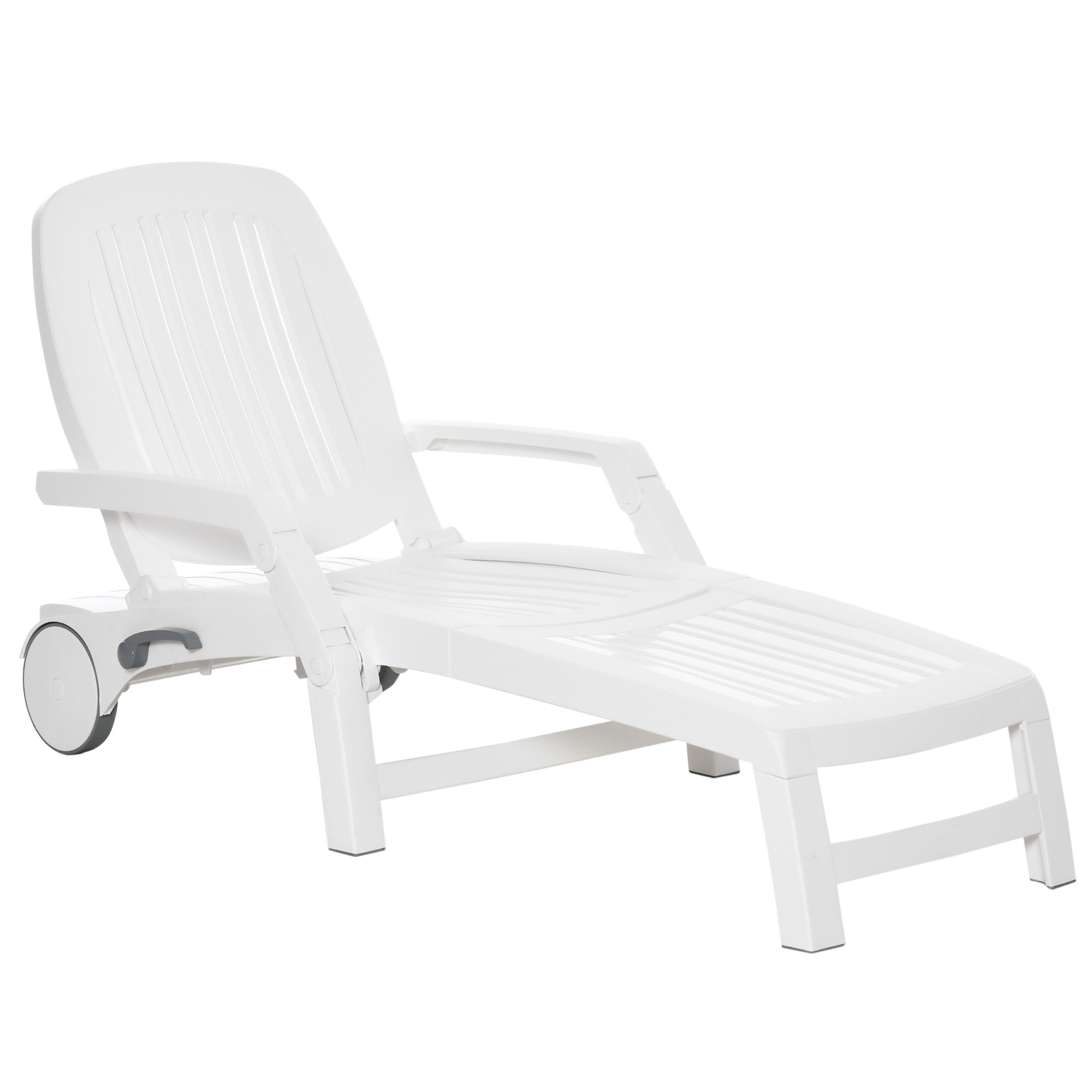 Outsunny Outdoor Chaise Lounge Chair On Wheels With Storage Box, Waterproof Lounger With Quick Assembly, Folding Design, 5 Level Adjustable Backrest For Pool, Beach, Patio, Garden, White White Polypropylene