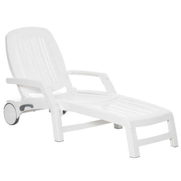 Outsunny Outdoor Chaise Lounge Chair On Wheels With Storage Box, Waterproof Lounger With Quick Assembly, Folding Design, 5 Level Adjustable Backrest For Pool, Beach, Patio, Garden, White White Polypropylene