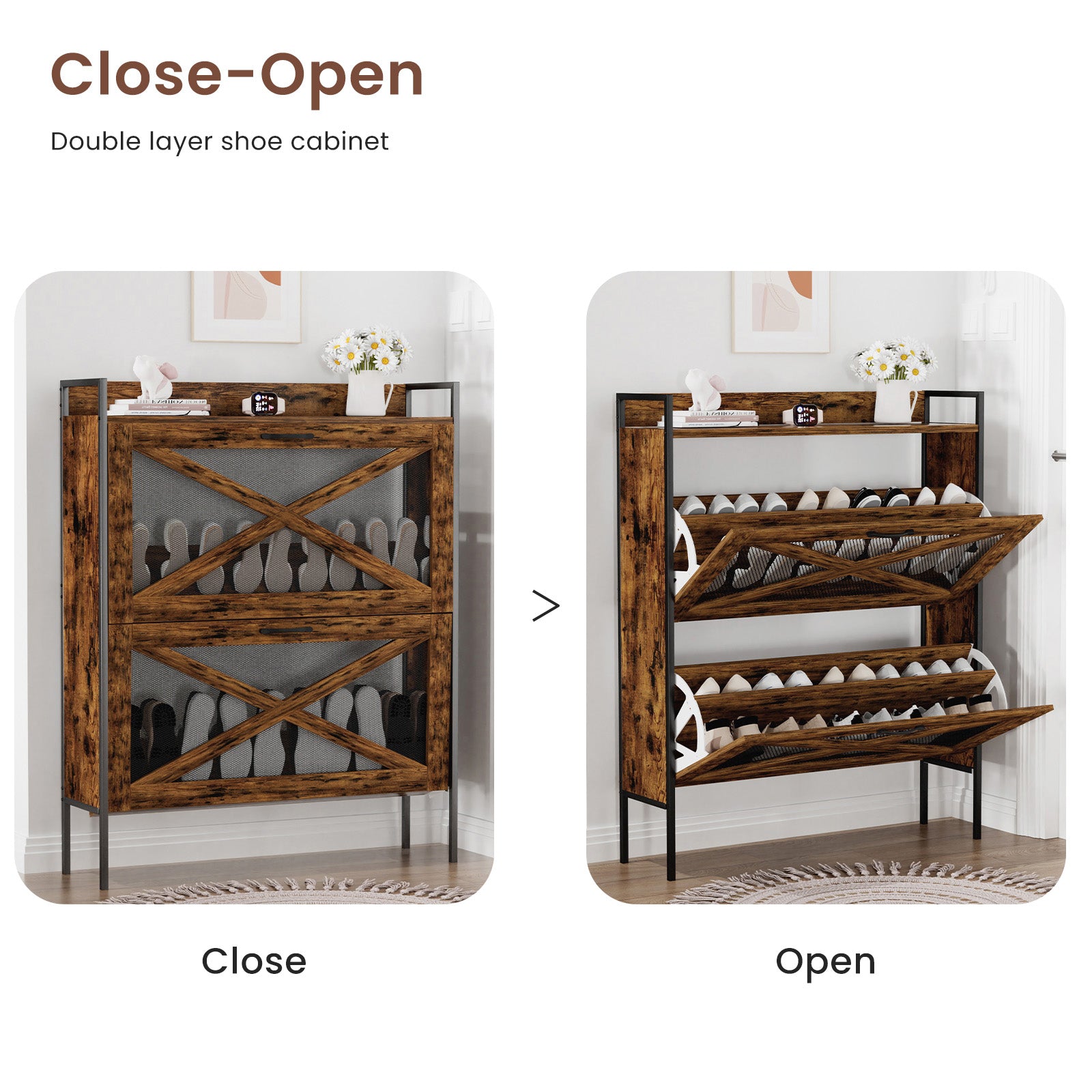 A Shoe Cabinet With 2 Flip Top Drawers, An Entryway Shoe Cabinet, A Narrow Standalone Shoe Rack Cabinet With Metal Legs, Rustic Brown,31.5'' W X 8.5'' D X 39.5'' H. Rustic Brown Particle Board