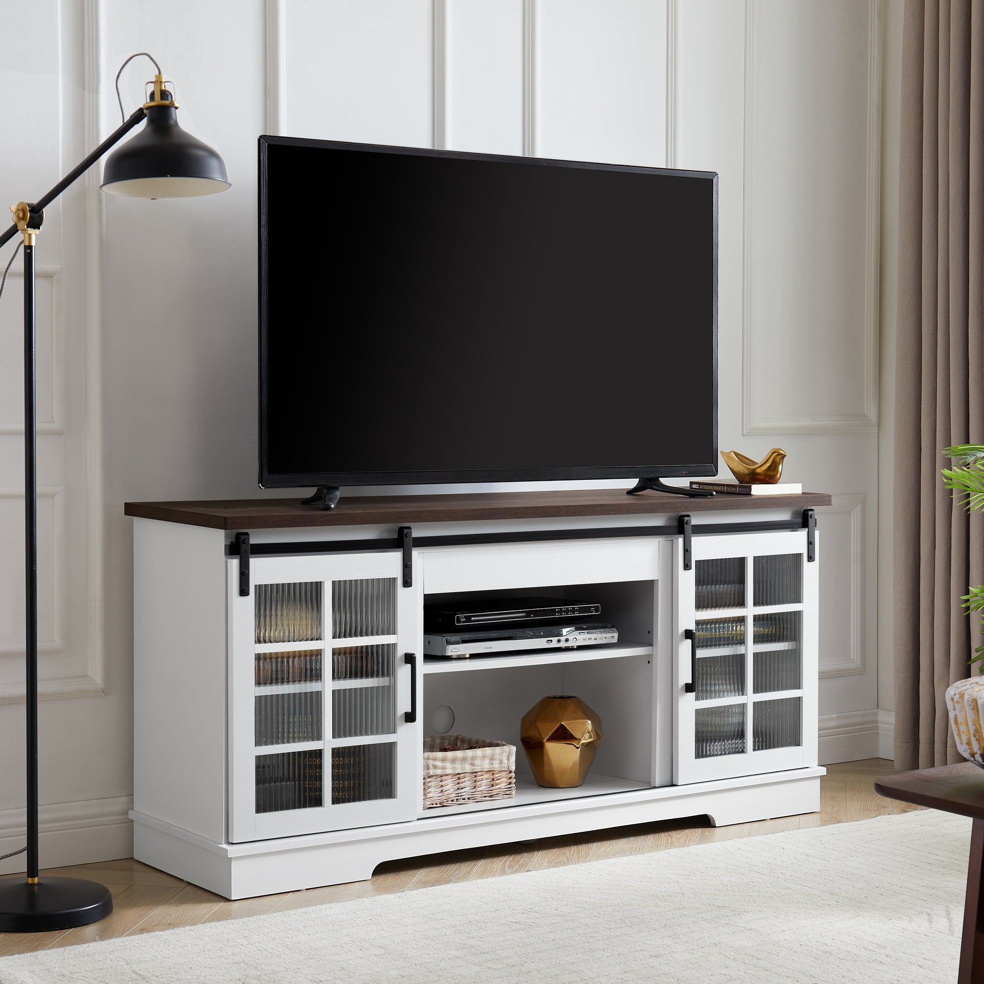 Multipurpose Sliding Door Tv Cabinet Large Storage Cabinet With 2 Sliding Glass Doors, Tv Desk Storage Rack, Adjustable Shelves For Tvs Up To 65", White Brown, 59.13"W*15.94"D*27.8"H White 60 69 Inches Mdf