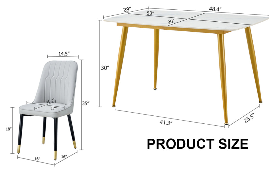 Table And Chair Set.A Morden Table With White Imitation Marble Patterned Stone Burning Tabletop With Golden Metal Legs.Paried With 4 Chairs With Pu Leather Backrest And Black Metal Legs. Light Gray,White Gold Seats 4 Metal,Sintered Stone