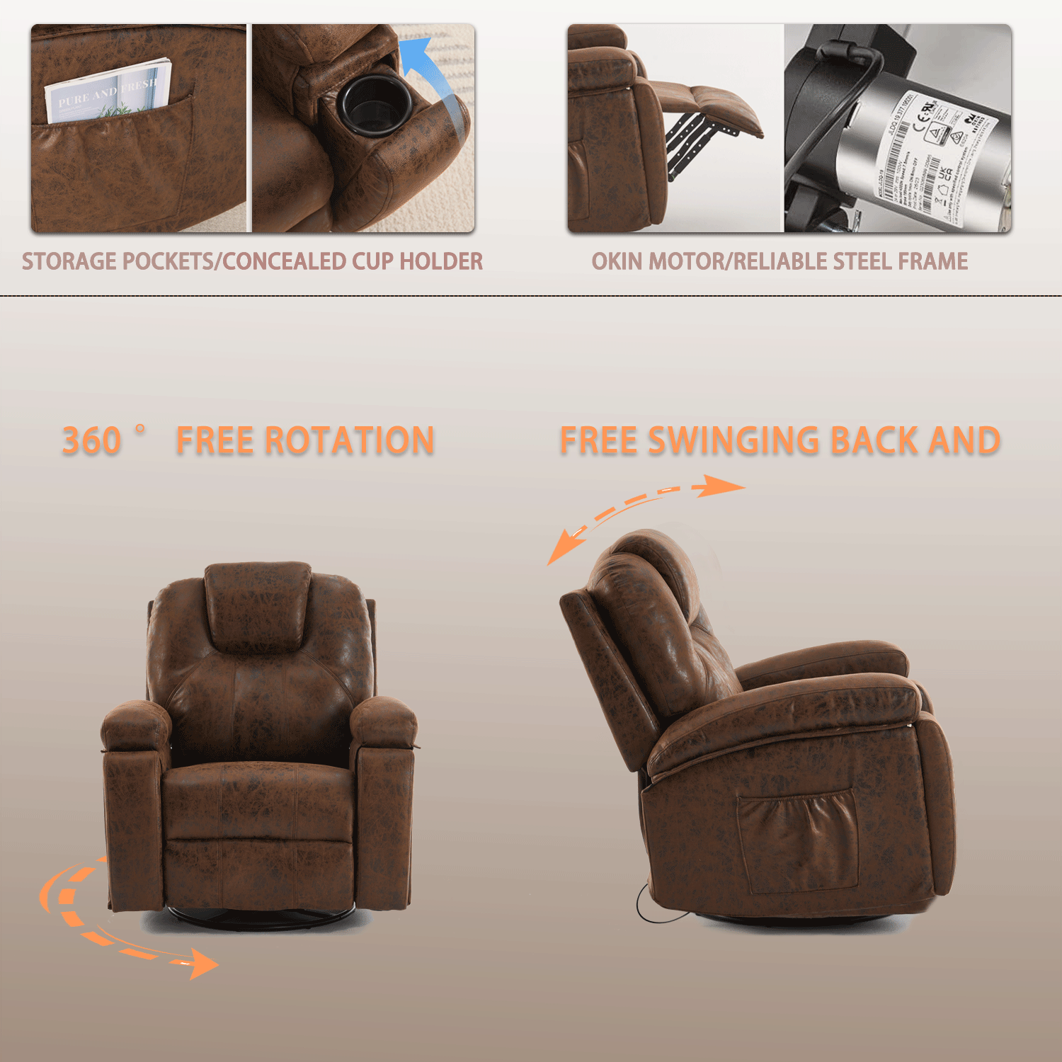 Oversized Single Sofa Armchair With Side Pockets Couches, For Living Room Meeting Room Bedroom Brown Faux Leather 1 Seat