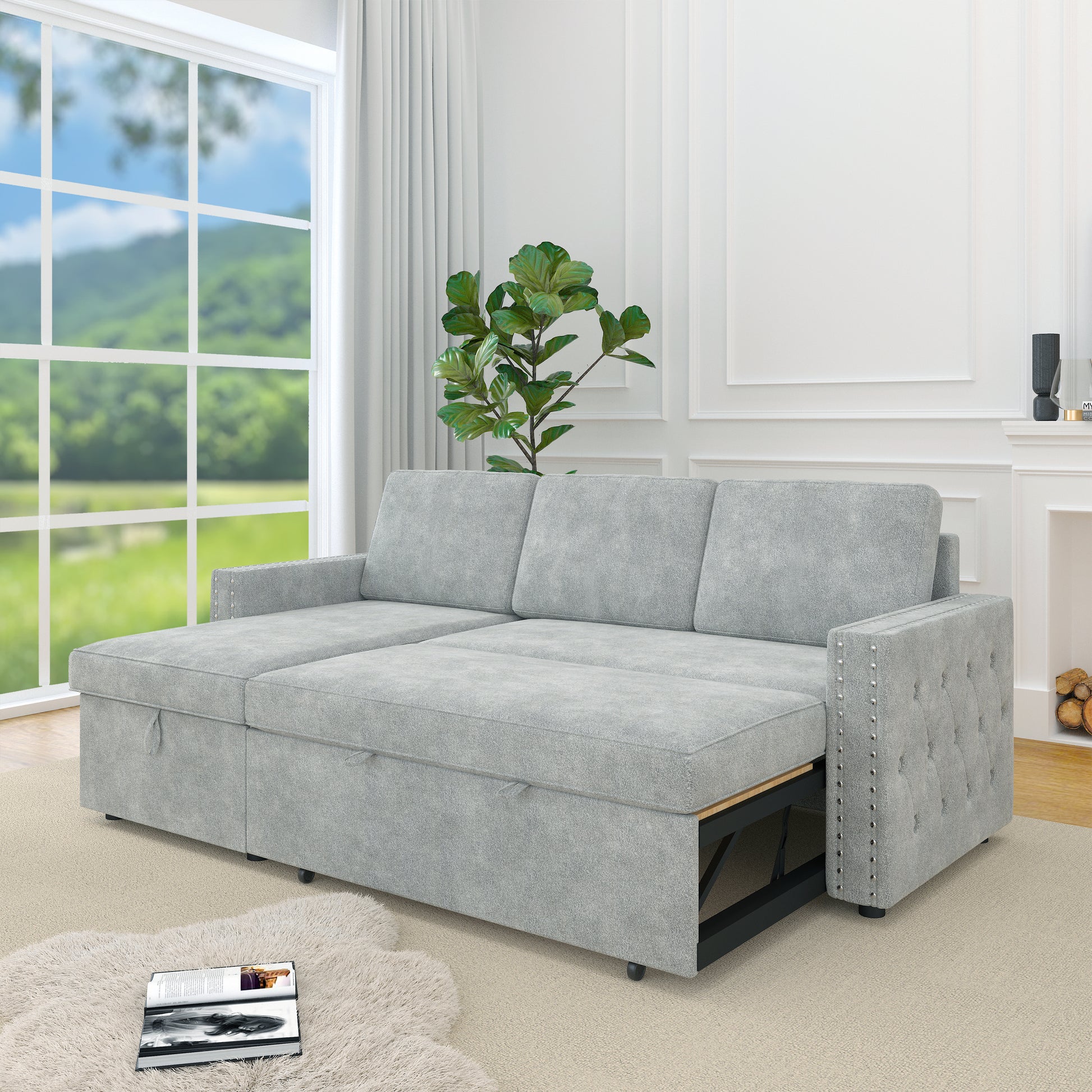 85 Inches Sofa Bed, 3 Seater Sleeper Sofa With Storage Chaise, Square Handrail With Pull And Copper Nail,Chenille Light Grey, Pull Out Couch For Living Room Light Grey Chenille 3 Seat