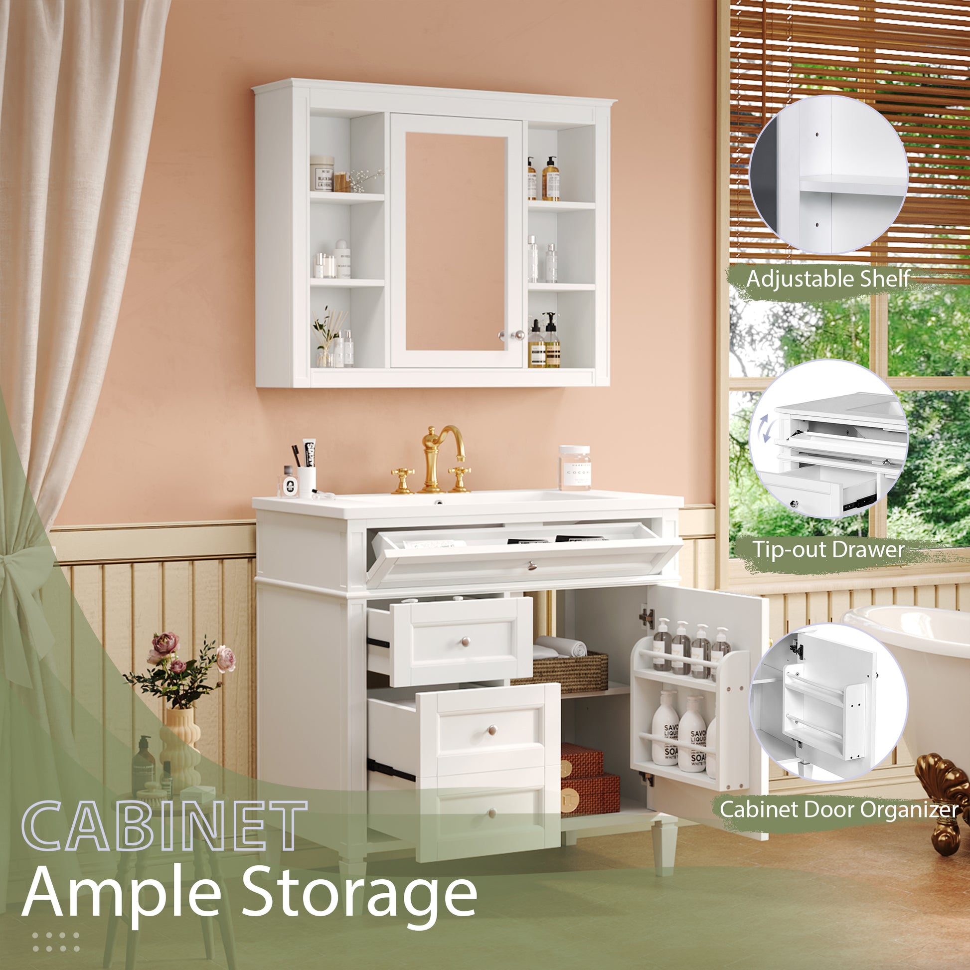 36'' Bathroom Vanity With Medicine Cabinet, Modern Bathroom Storage Cabinet With 2 Soft Closing Doors And 4 Drawers, Single Sink Bathroom Vanity White Bathroom Ceramic,Solid Wood Mdf