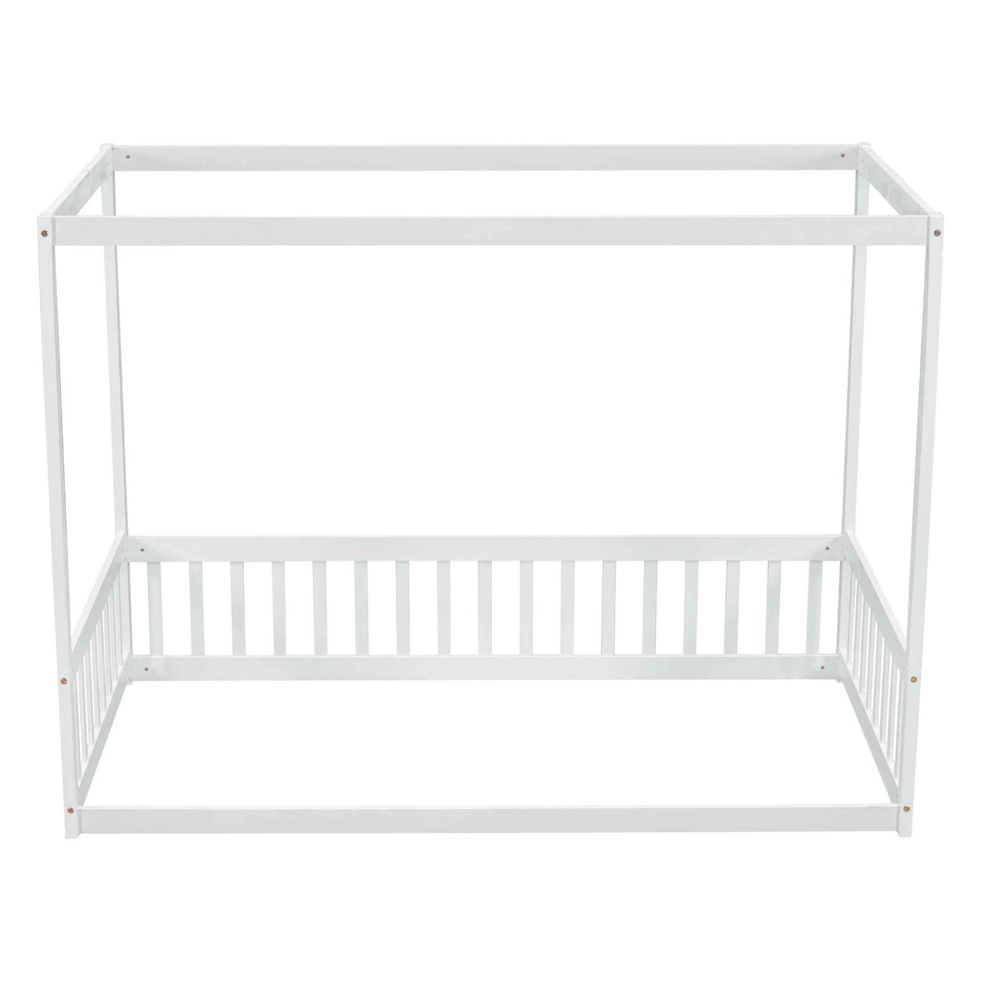 Twin Size Canopy Frame Floor Bed With Fence, Guardrails,White Twin White American Design Pine