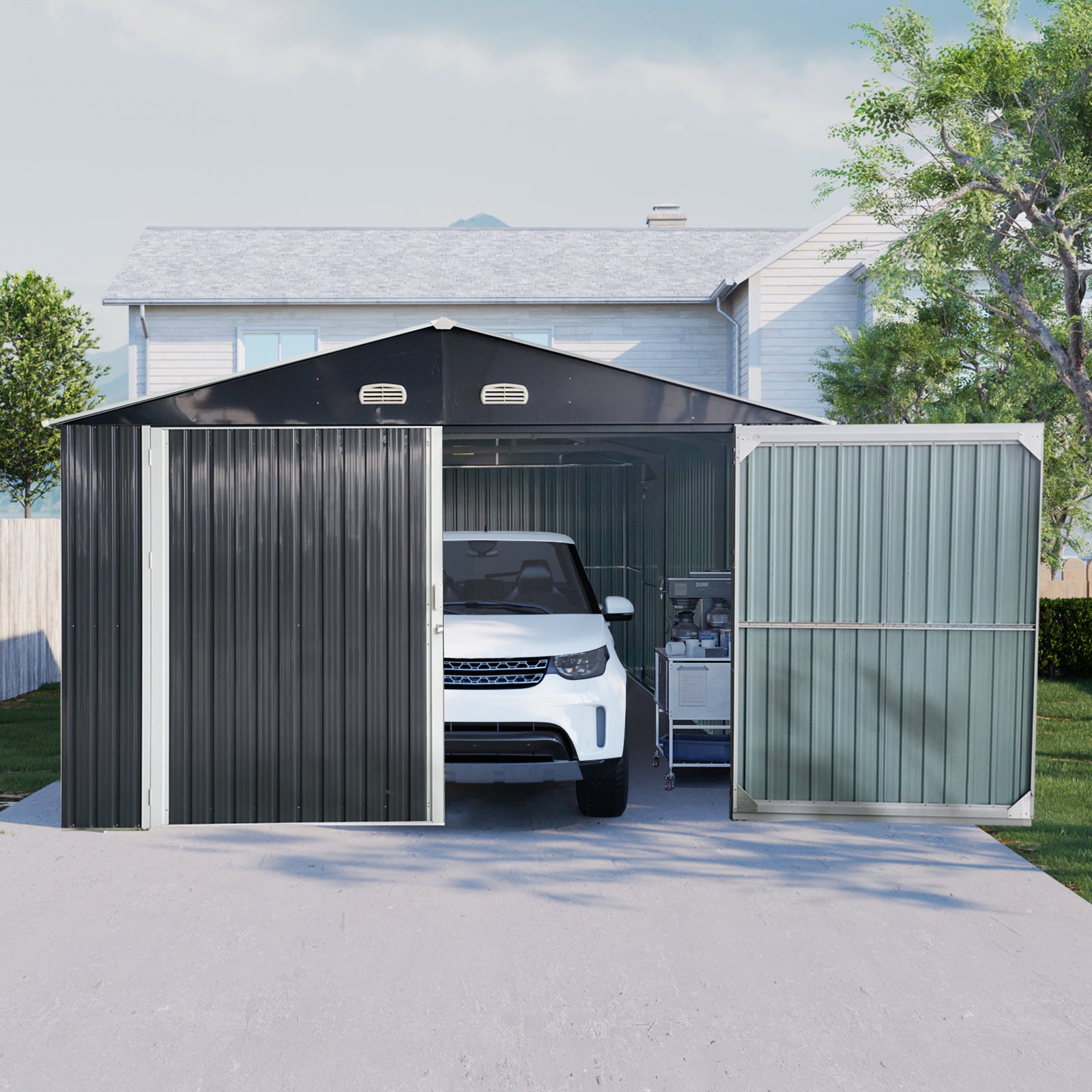 20X13 Ft Outdoor Storage Shed Metal Garage Shed For Car, Bike, Lawnmower Backyard Tool House Building 2 Doors And 4 Vents, Black Black Metal