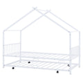 Twin Size Metal House Bed With Twin Size Trundle, White Twin White Metal