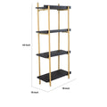 44 Inch Modern Wood Four Tier Shelf, Natural Rattan Braiding, Gold, Black Black Wood Metal