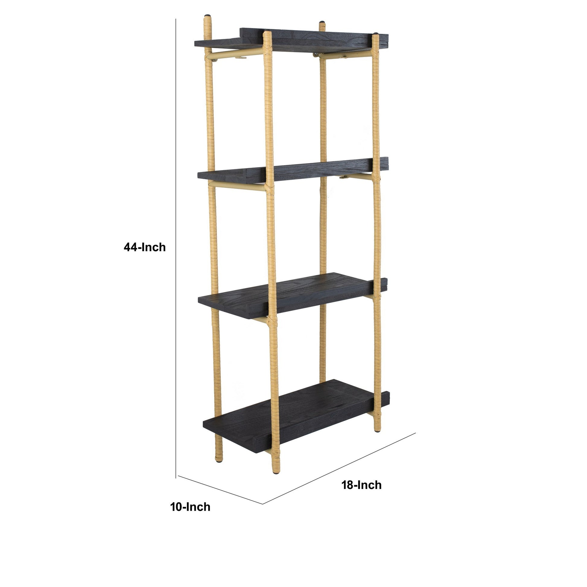 44 Inch Modern Wood Four Tier Shelf, Natural Rattan Braiding, Gold, Black Black Wood Metal