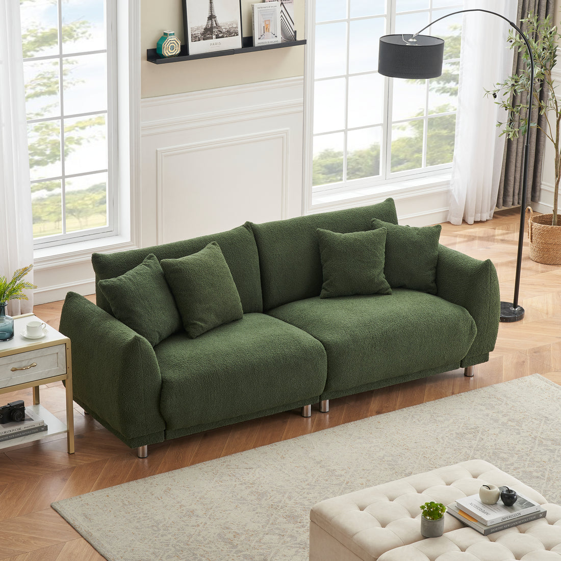 An 86.6 Inch Teddy Wool Black Sofa With Four Throw Pillows And Hardware Feet Makes It Comfortable To Sit In An Apartment Bedroom Without Taking Up Space Green Fabric 2 Seat