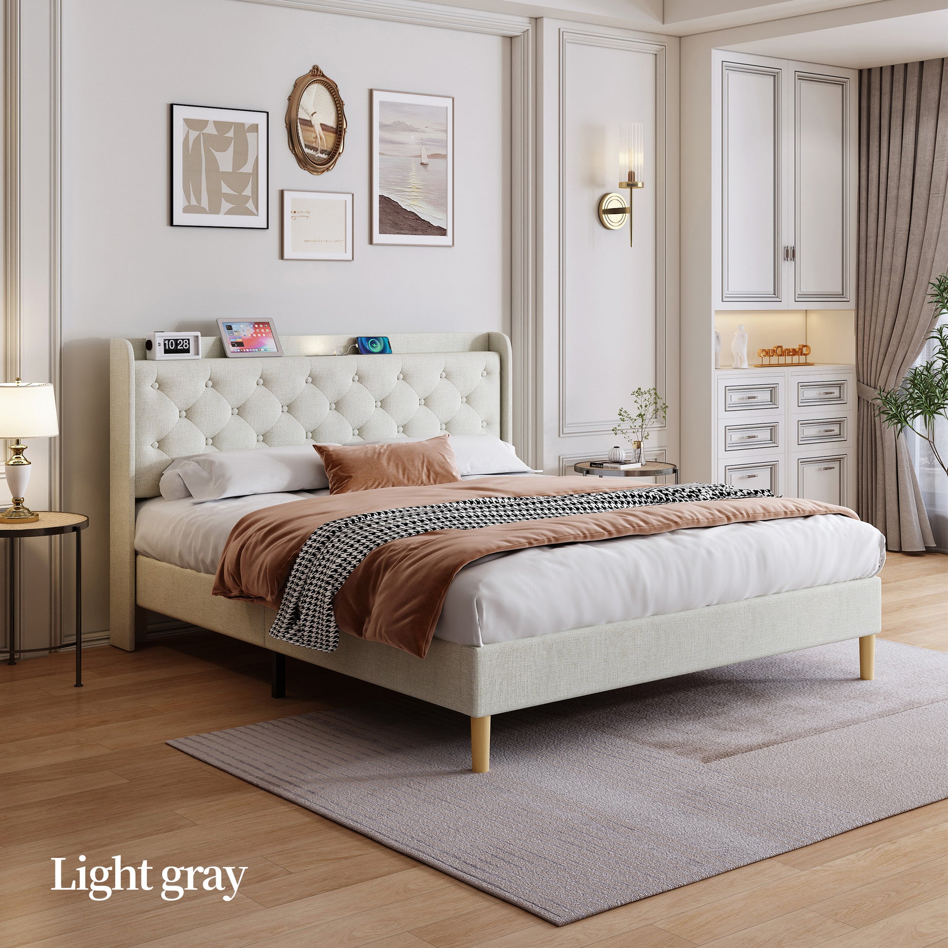 Queen Size Bed, Mesh Backboard Beautiful, With Led Lights, Cotton And Linen Fabric, Frame Stability, Easy To Assemble,Light Gray Queen Light Gray Mdf Acacia