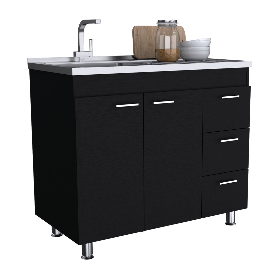 Base Double Door Cabinet, Three Drawers, Black Black Solid Wood Mdf Engineered Wood