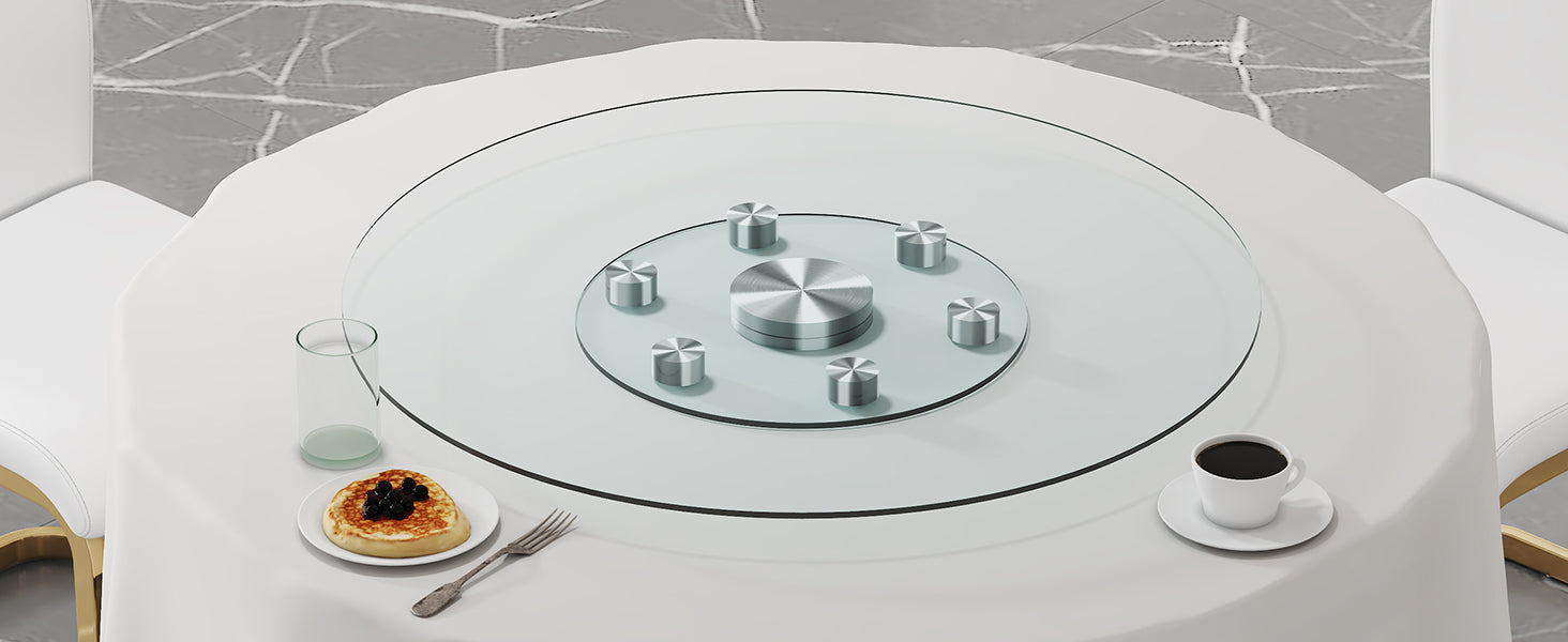 Double Layer Rotatable Round Glass.The Rotatable Design Makes It More Convenient To Retrieve And Place Items.The Upper Glass Has A Diameter Of 30.3 Inches, While The Lower Glass15 Inches. Transparent Glass