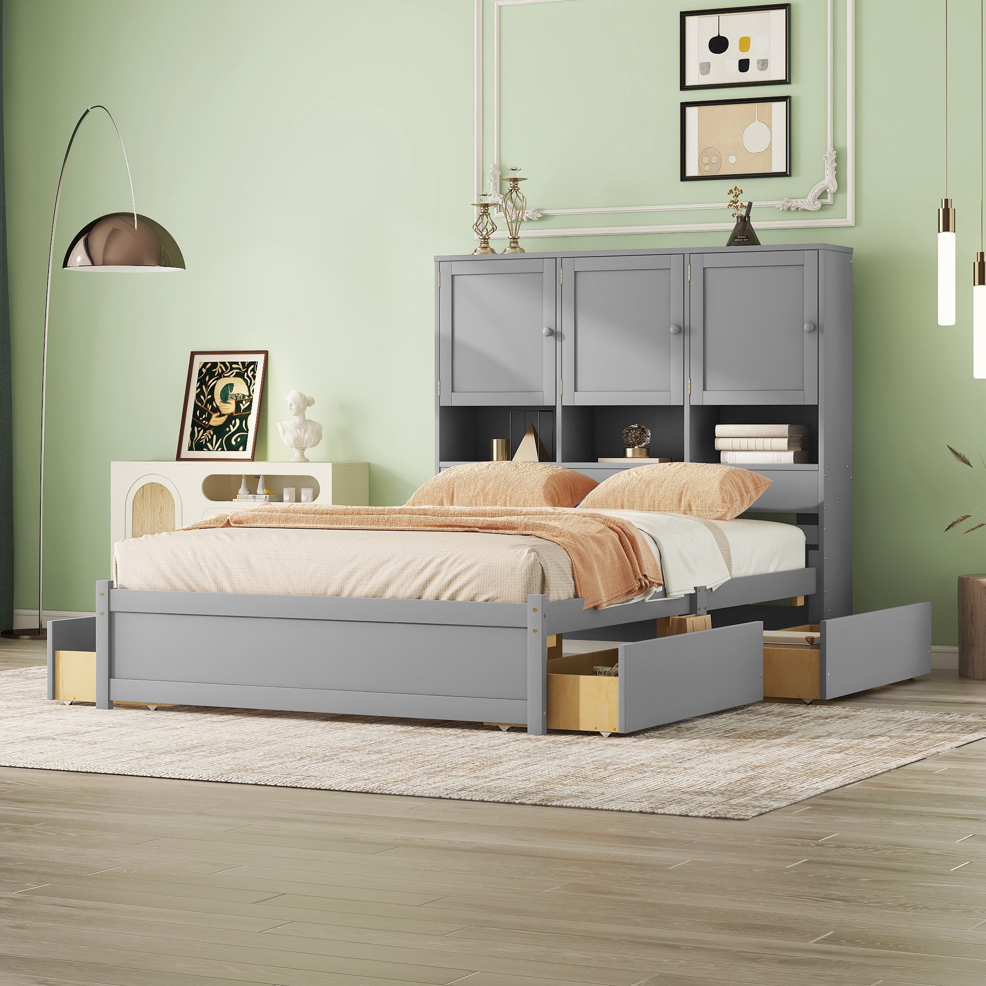 Queen Size Platform Bed With Storage Headboard And 4 Drawers, Gray Box Spring Not Required Queen Gray Wood Bedroom Bed Frame Solid Wood Mdf