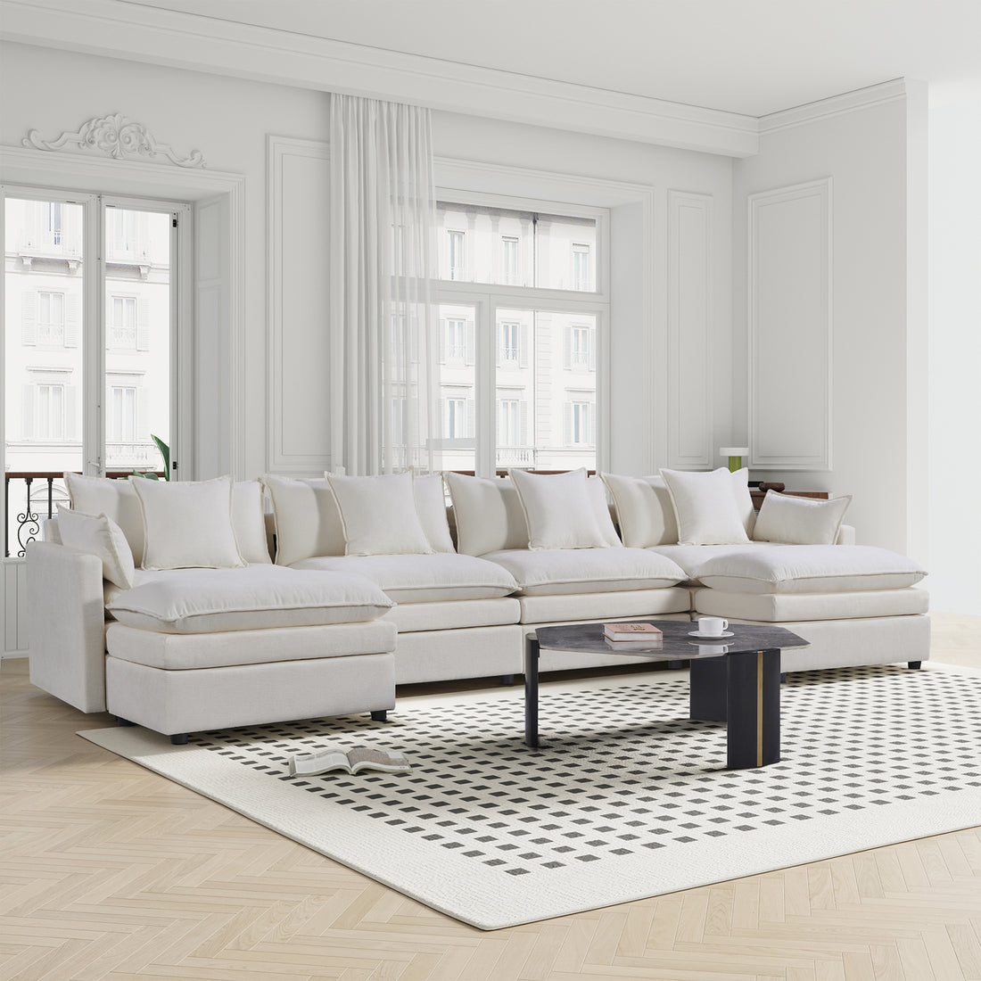 142.52"Modern Chenille U Shaped Sectional Sofa With Convertible Chaise, Comfy Cloud Couch Deep Sectional Sofa With Ottomans For Living Room White Wood Foam Chenille 4 Seat