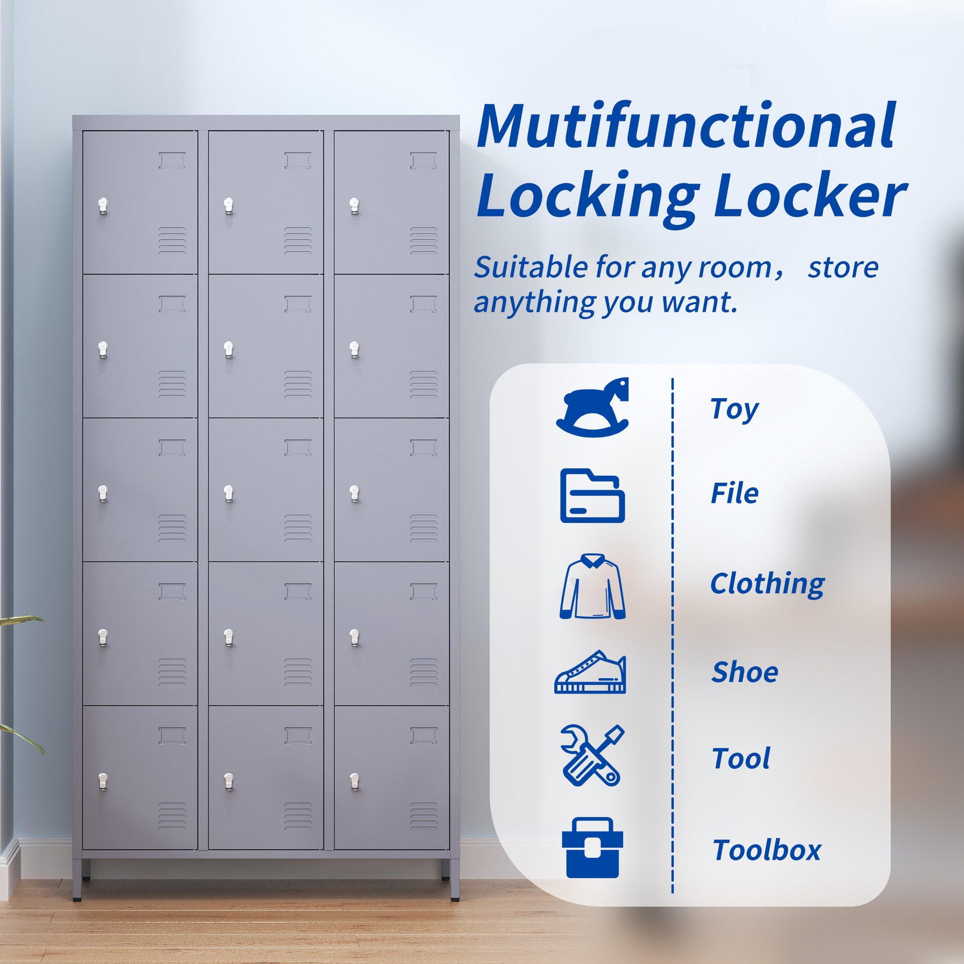 15 Door 72"H Metal Lockers With Lock For Employees,Storage Locker Cabinet For Home Gym Office School Garage,Easy Assembly,Gray 5 Or More Spaces Gray Primary Living Space Door Locks Modern Metal