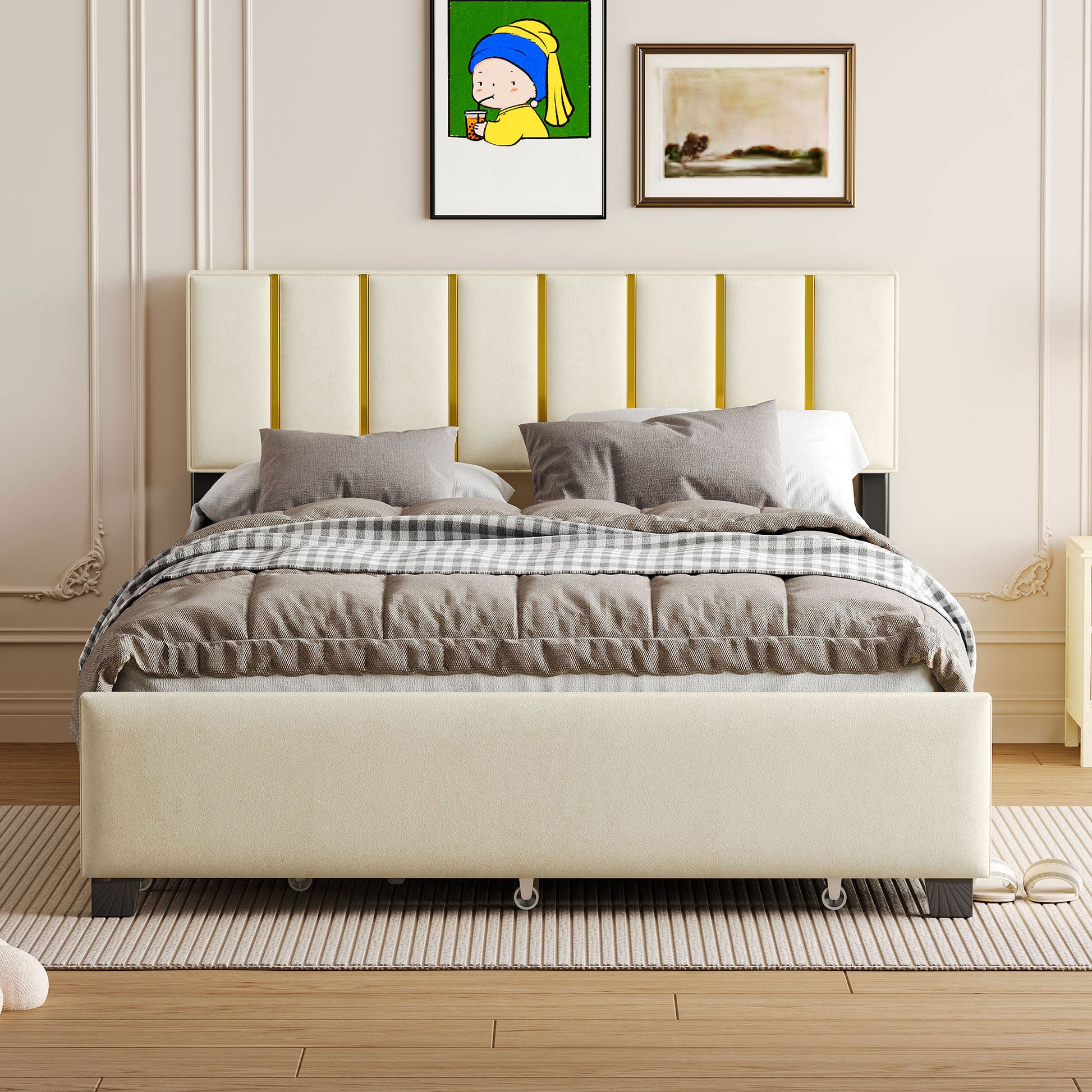 Queen Size Upholstered Platform Bed With 2 Drawers And 1 Trundle, Classic Metal Strip Headboard Design, Beige Queen Beige Mdf Lvl