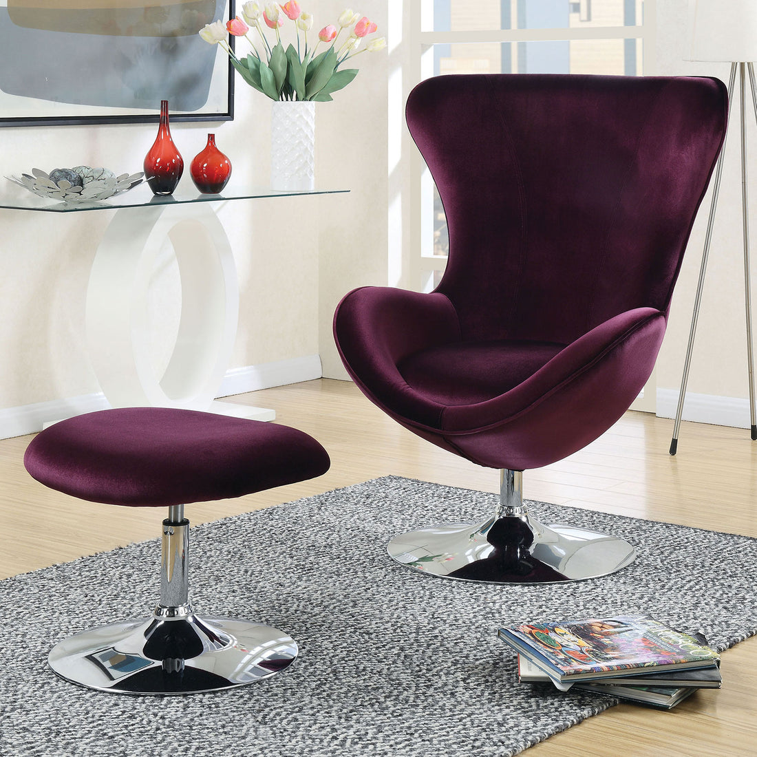 Purple Flannelette Fabric Accent Chair W Ottoman Contemporary Modern Living Room Furniture Chic High Back Chair Purple Primary Living Space Contemporary,Modern Fabric Metal
